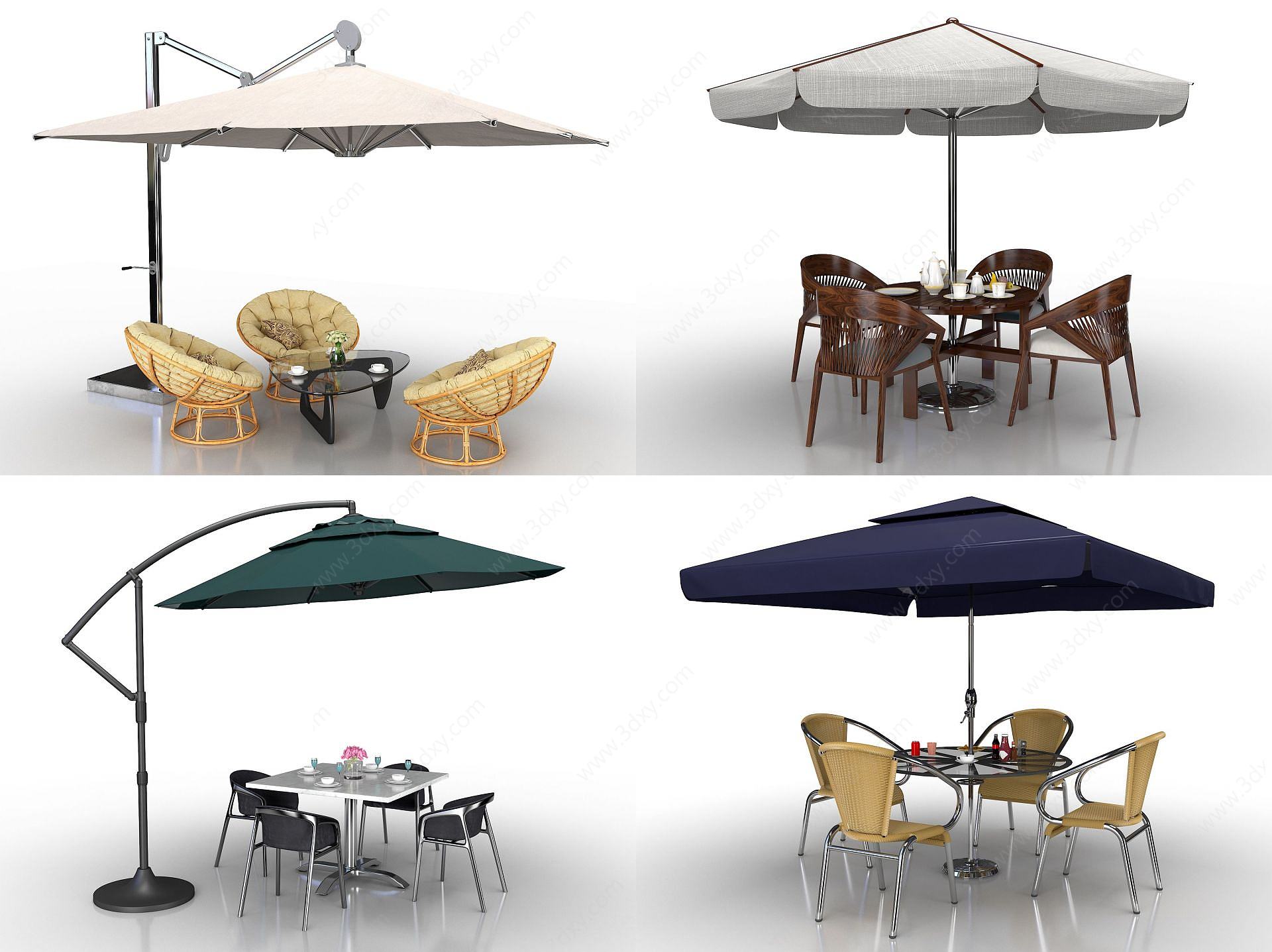 现代户外遮阳伞桌椅组合3D模型