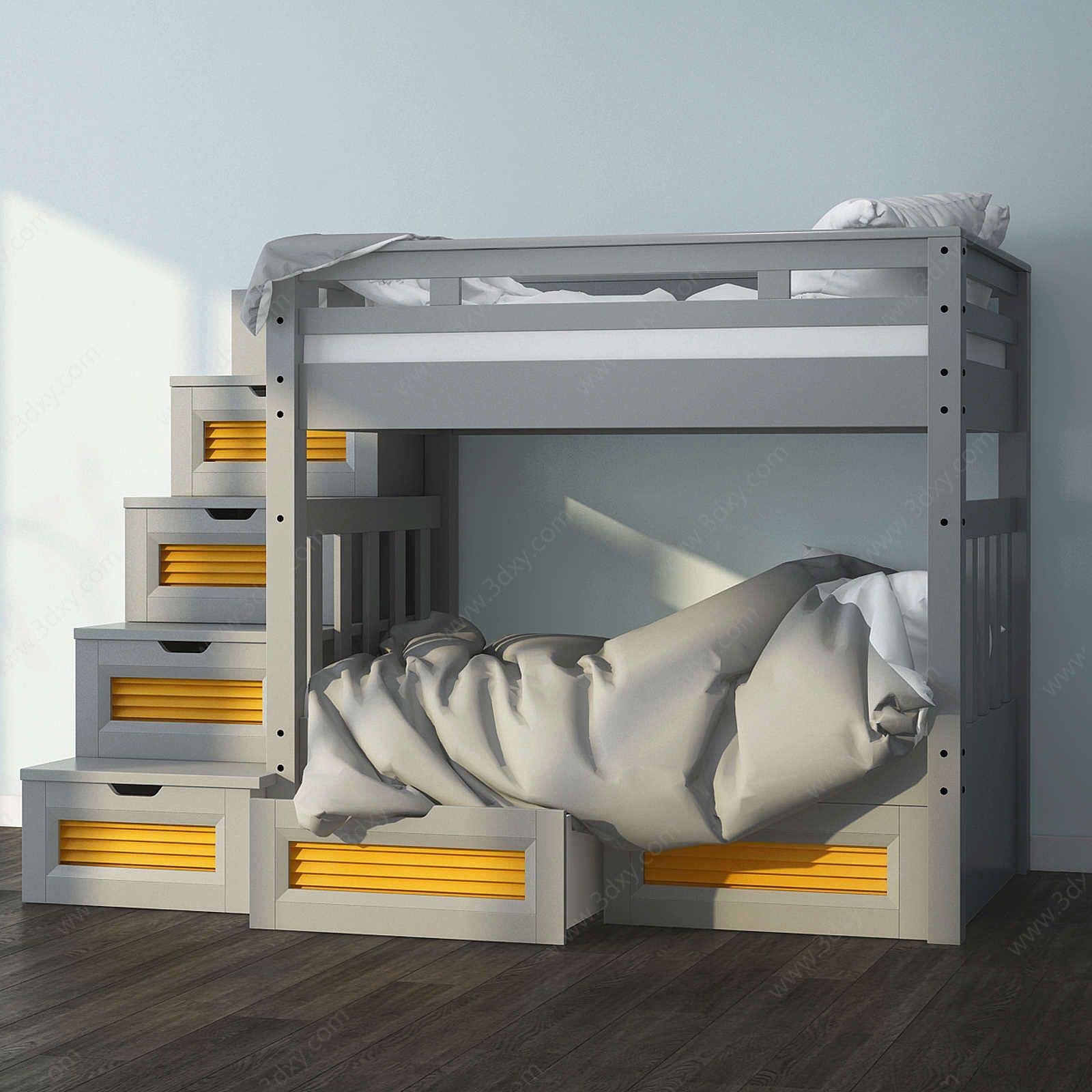 现代楼梯式双层儿童床3D模型