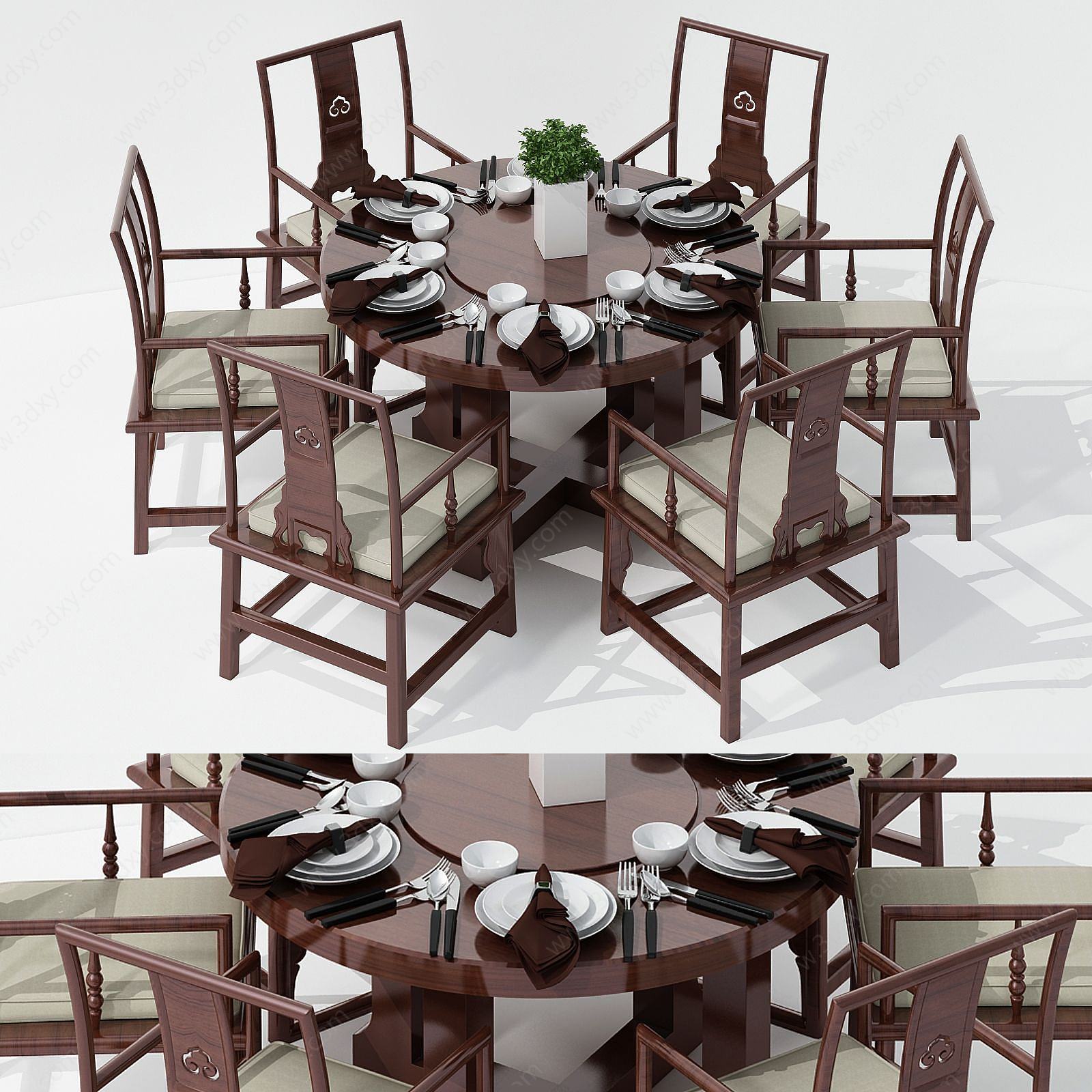 新中式简约餐桌椅组合3D模型