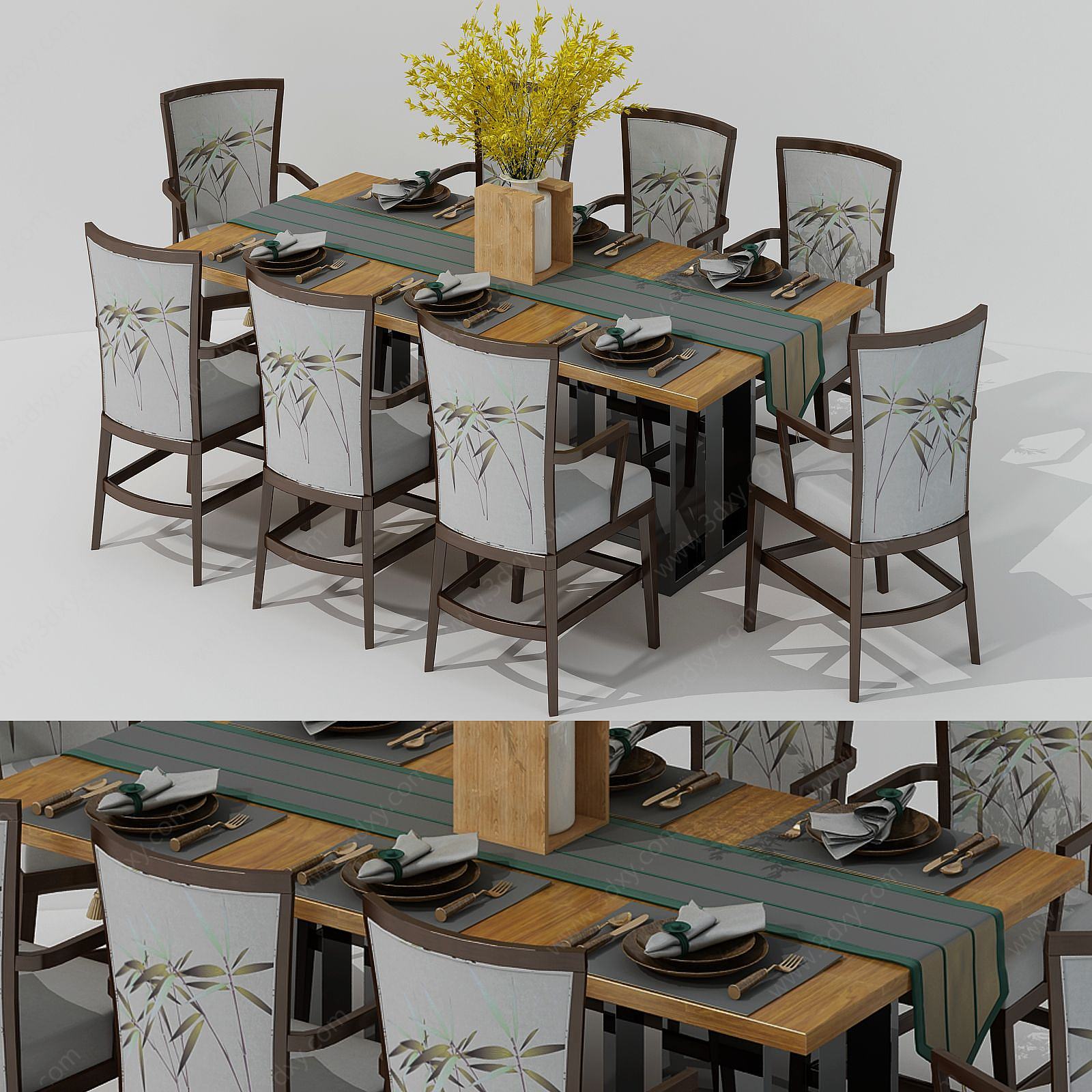 新中式餐桌实木桌椅3D模型