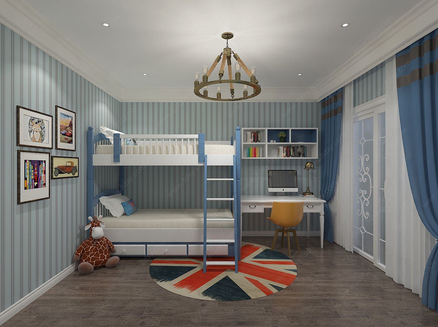 海军风儿童房卧室3D模型