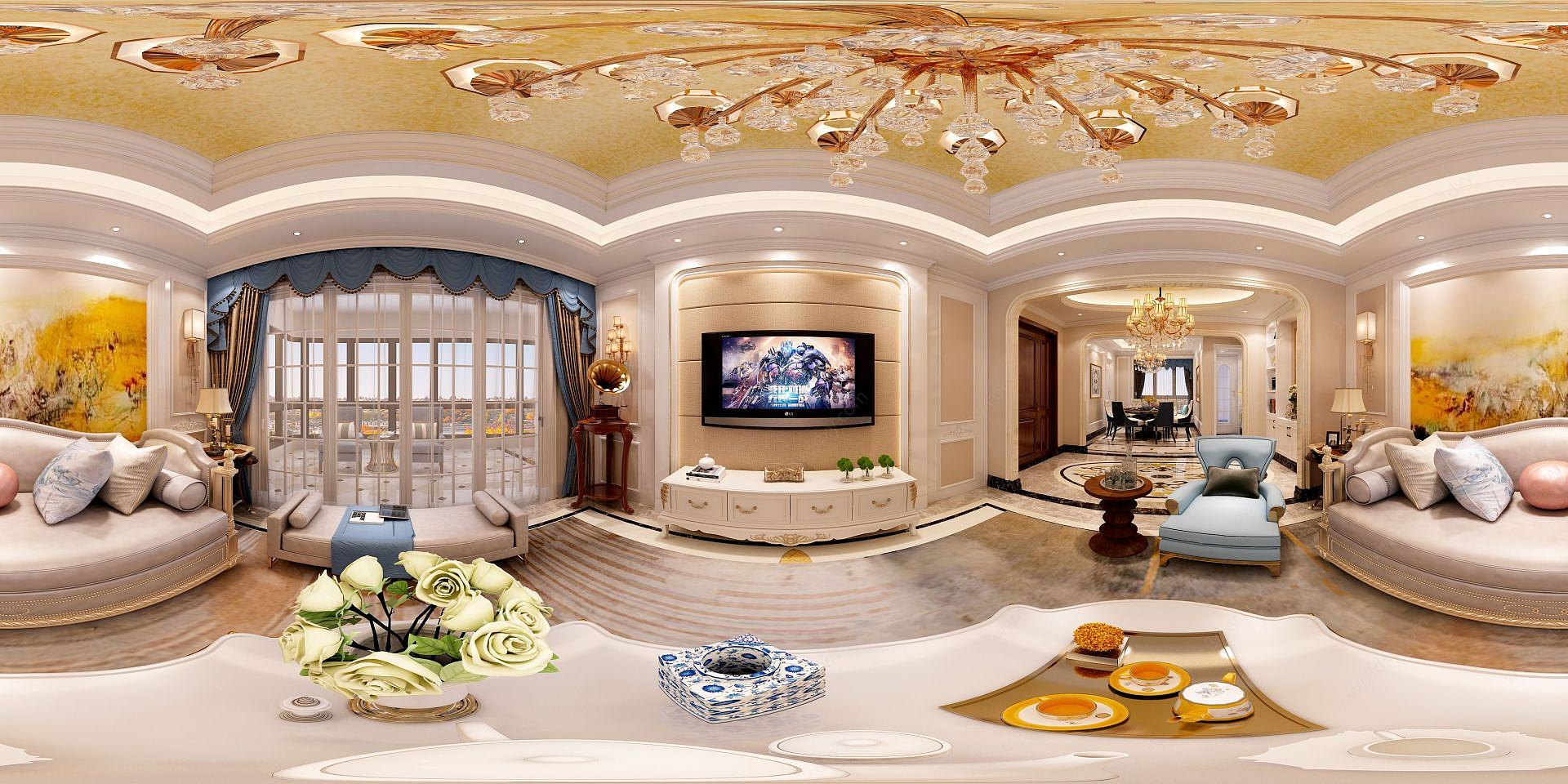 欧式客厅卧室全景3D模型