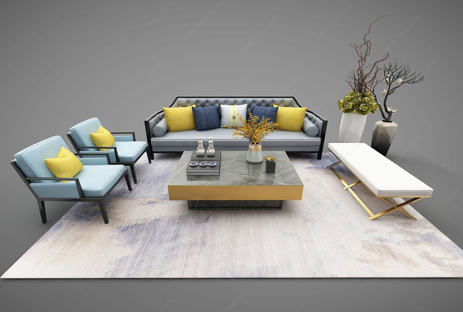 新中式沙发茶几组合3D模型