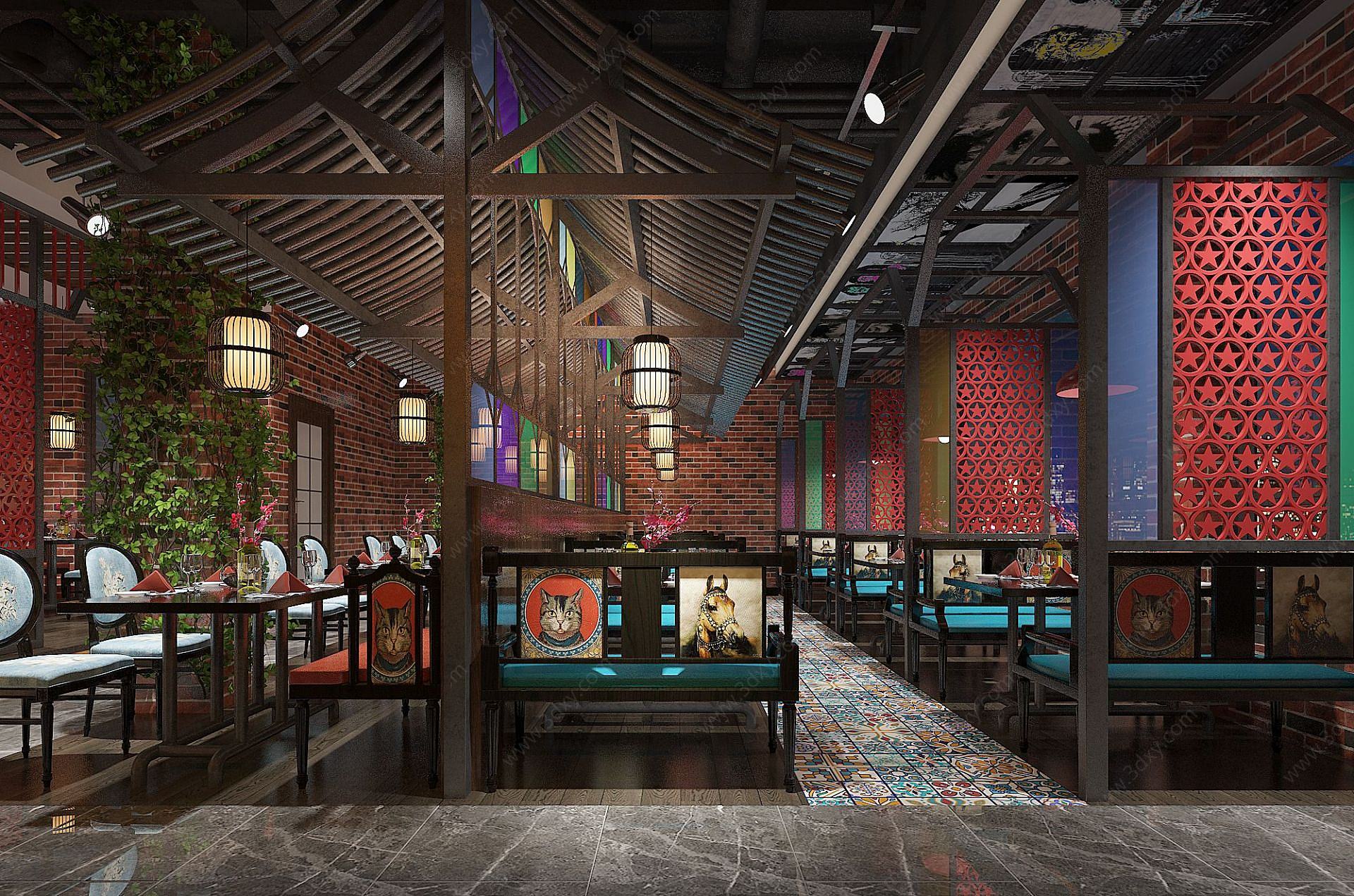 混搭新中式风格餐厅3D模型