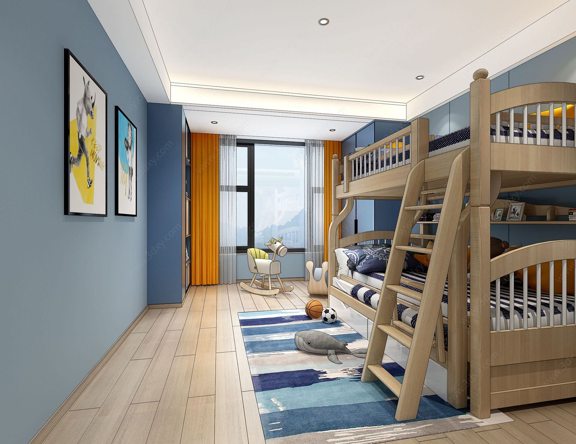 现代地中海儿童房上下床铺3D模型