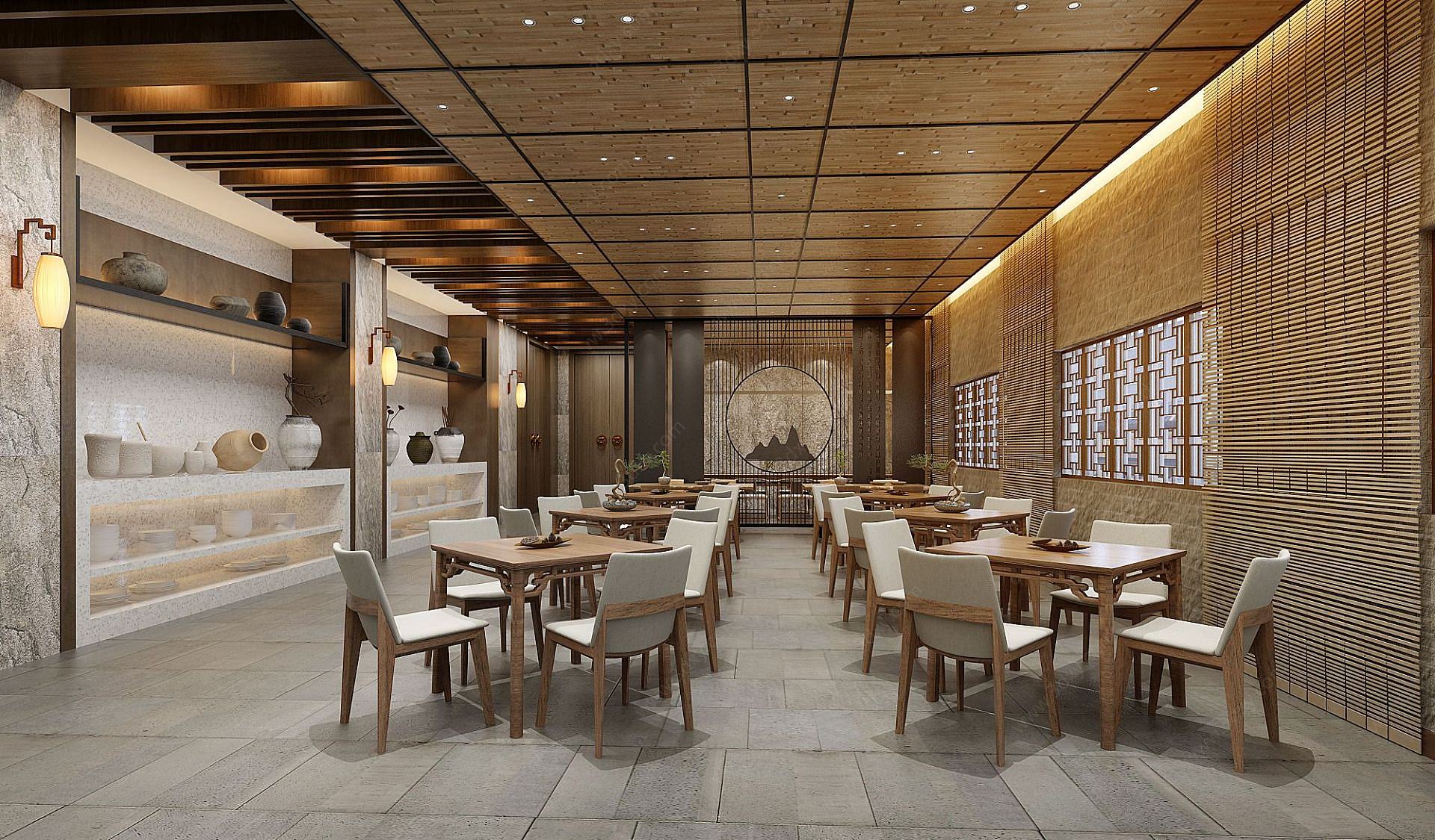 新中式民宿餐厅3D模型