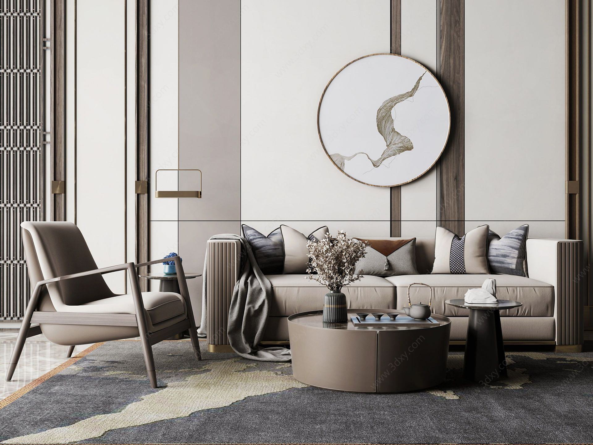 新中式轻奢沙发茶几组合3D模型