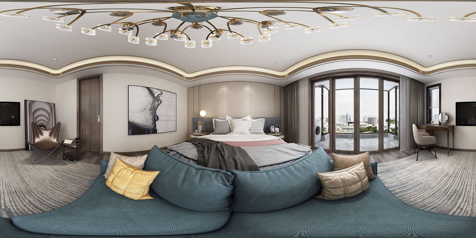 新中式轻奢卧室全景3D模型