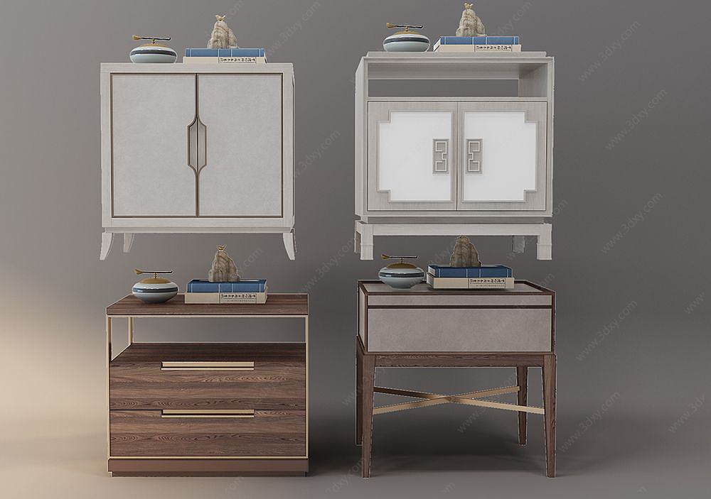 新中式床头柜边几边柜组合3D模型