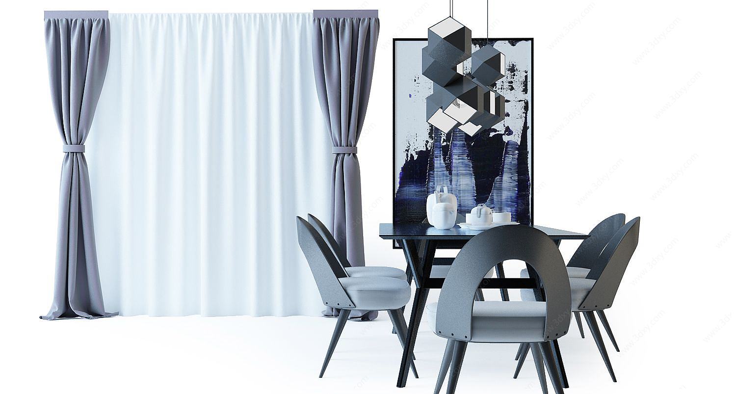 现代餐桌椅组合窗帘3D模型