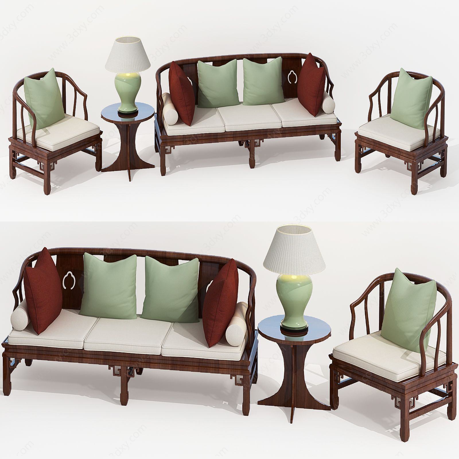 新中式实木沙发单人椅组合3D模型