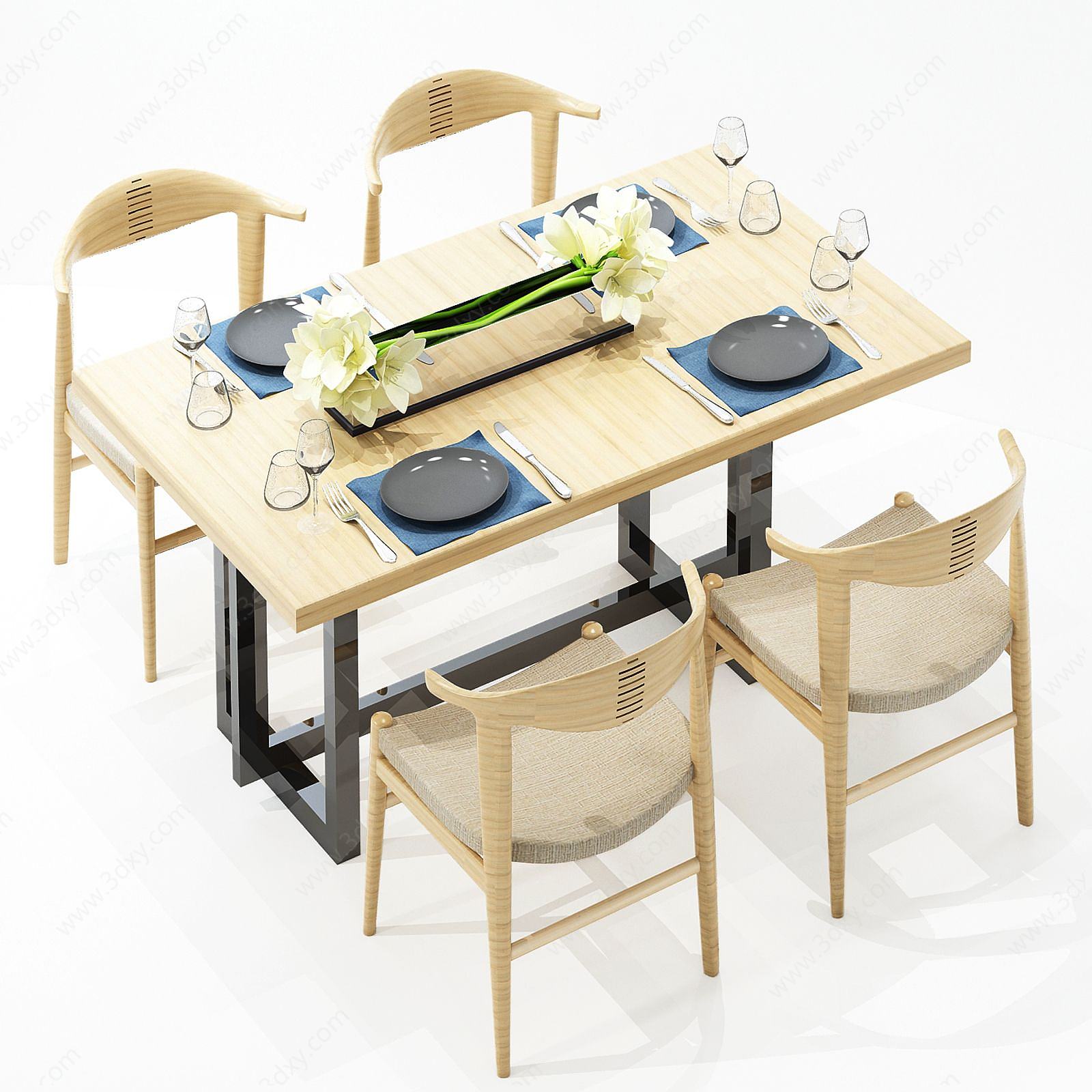 现代实木餐桌椅休闲3D模型