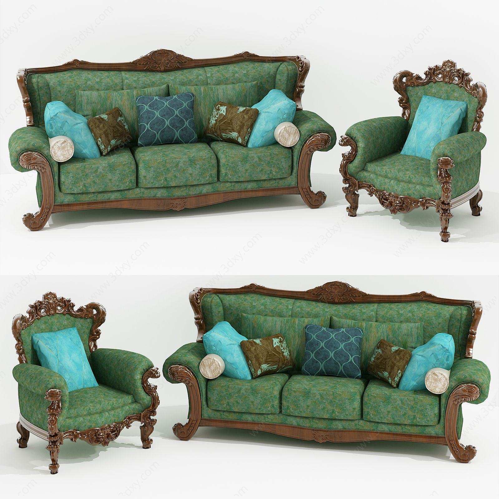 美式绿皮沙发多人沙发组合3D模型