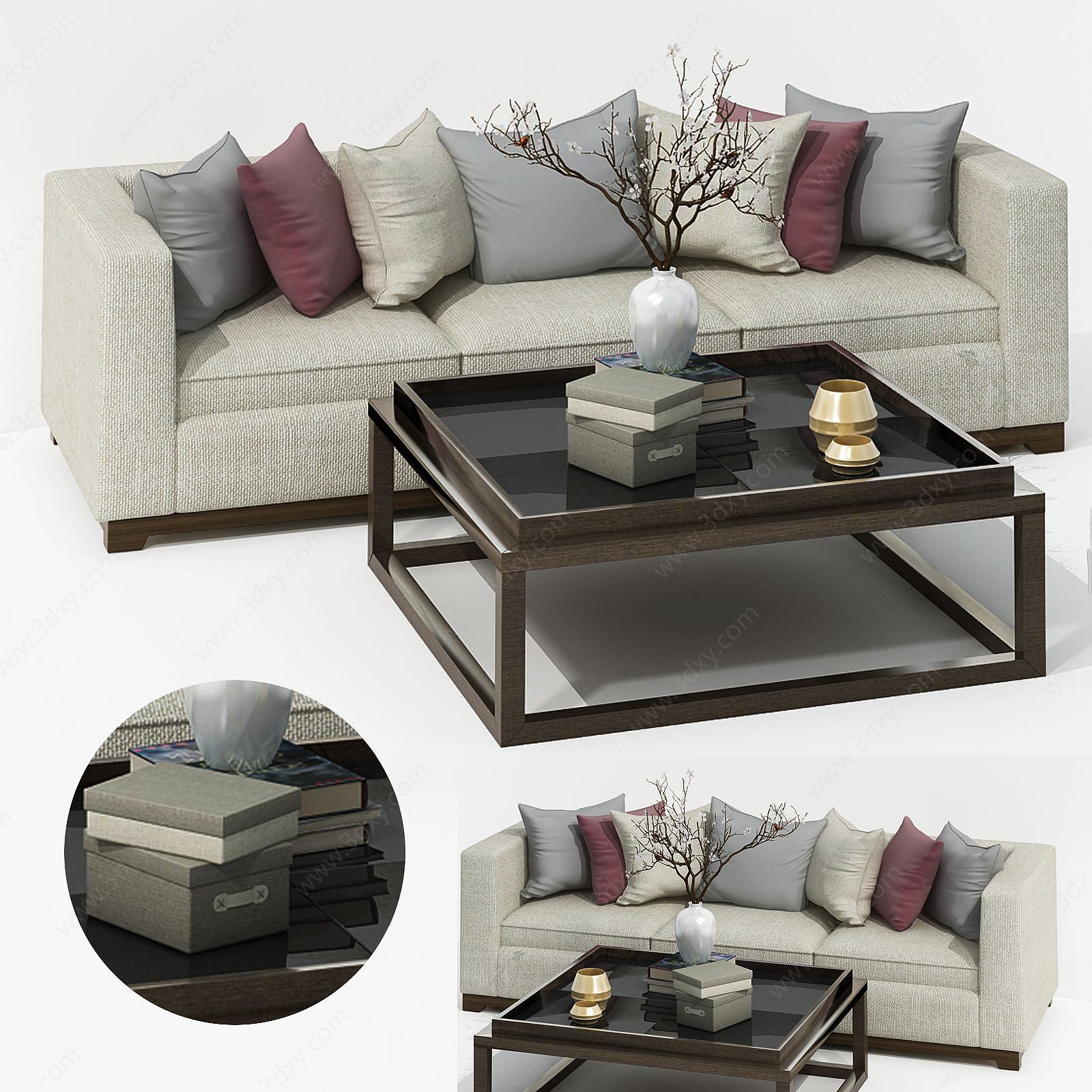 现代布艺沙发茶几椅组合3D模型