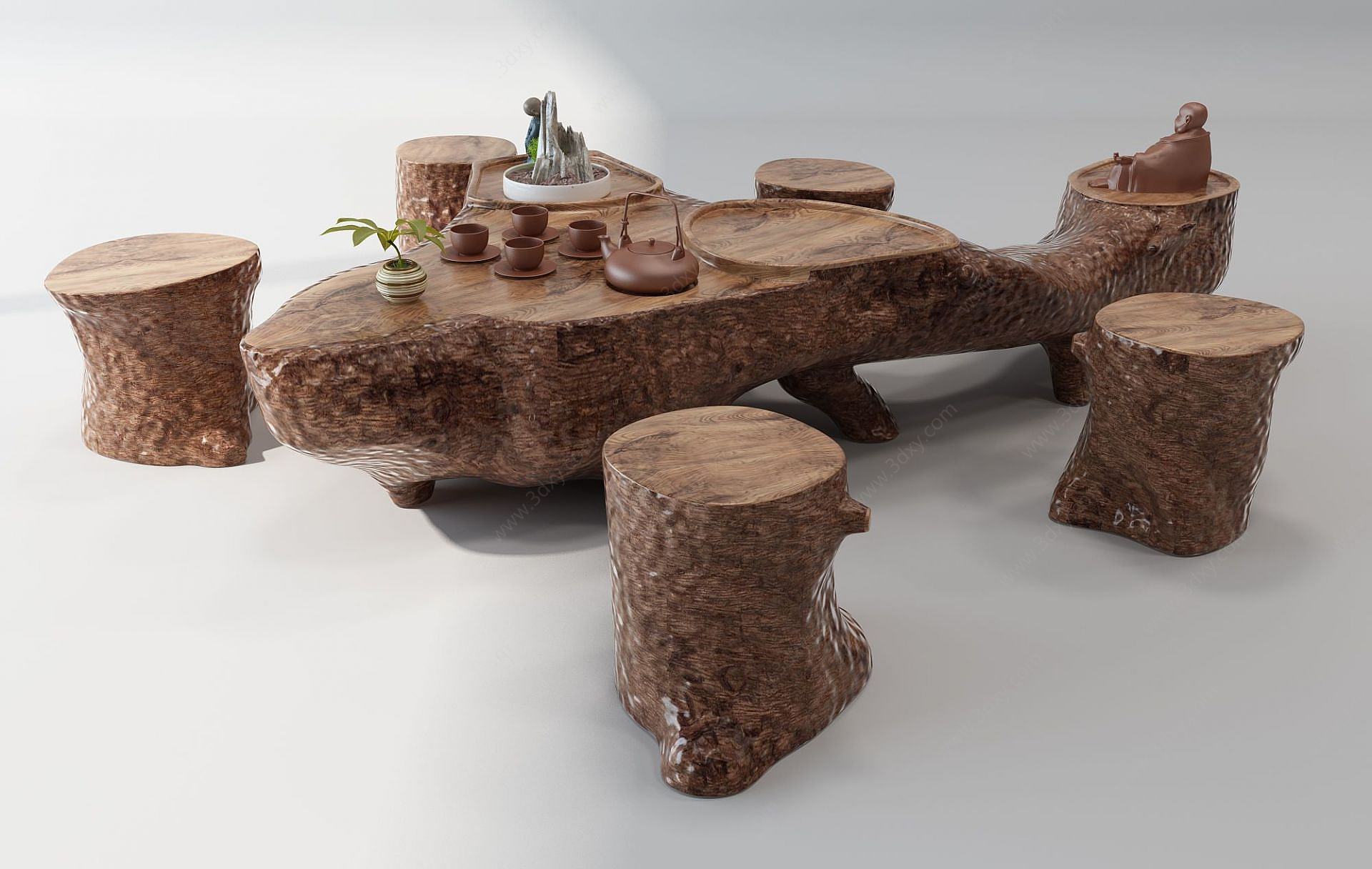中式木墩茶桌茶海3D模型