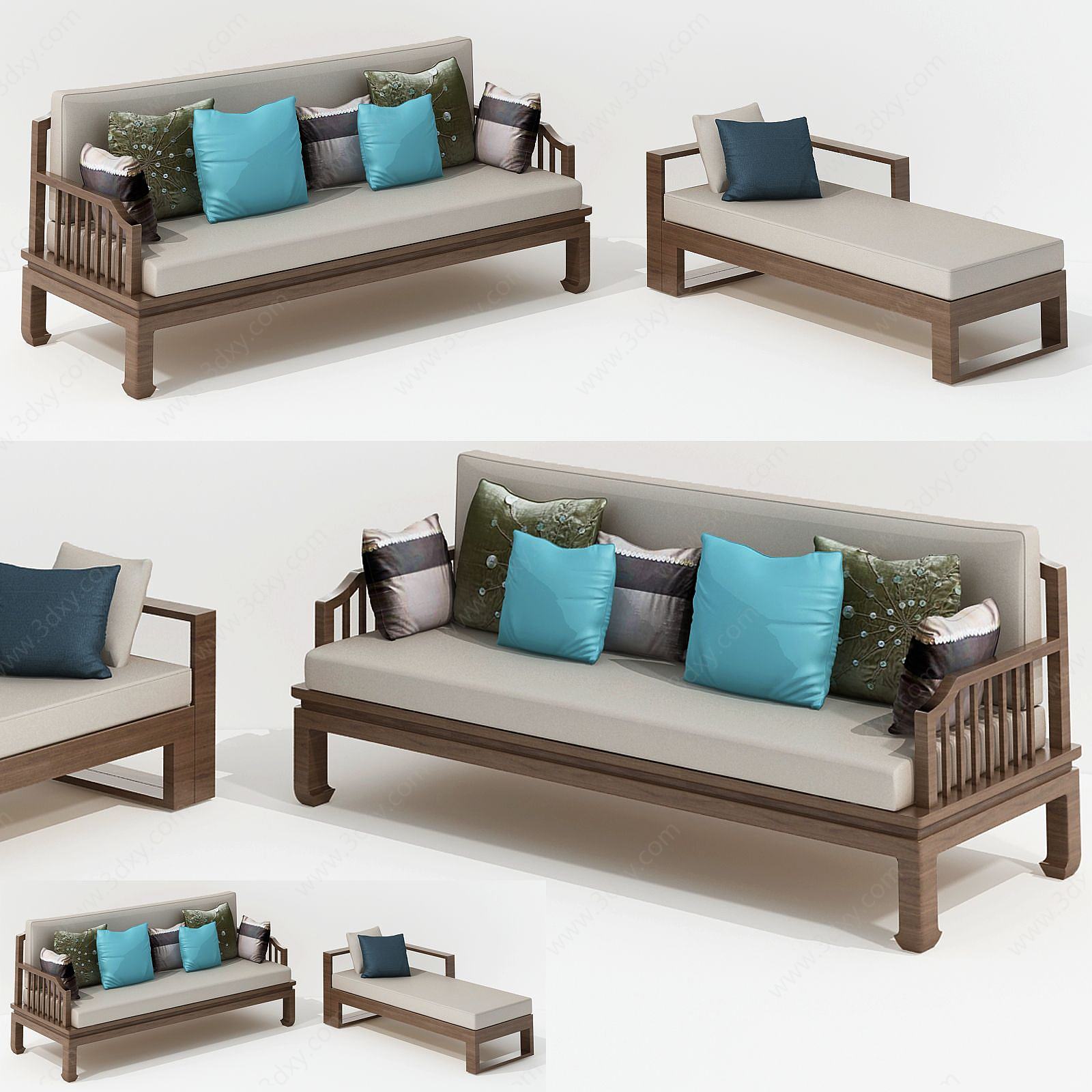 新中式实木多人沙发组合3D模型