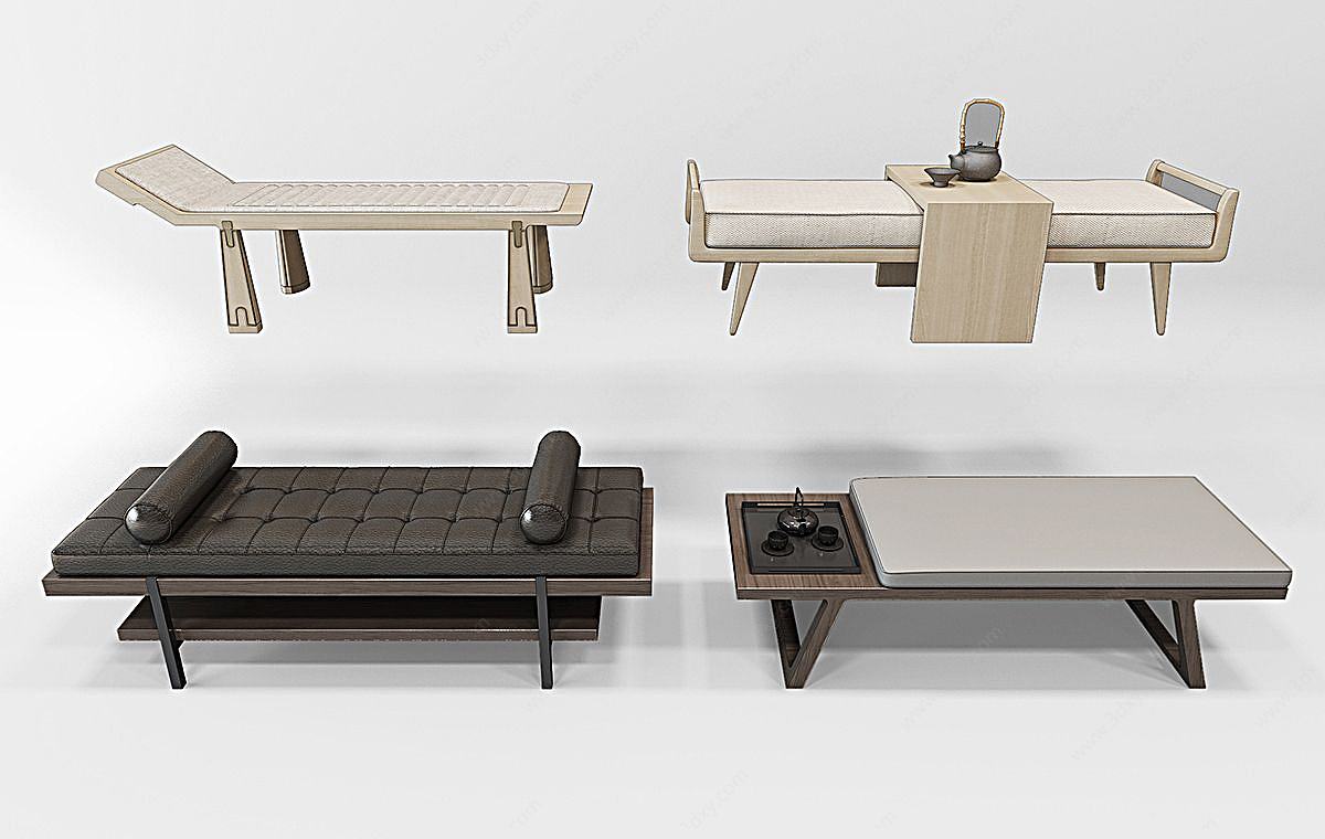 新中式床尾凳3D模型