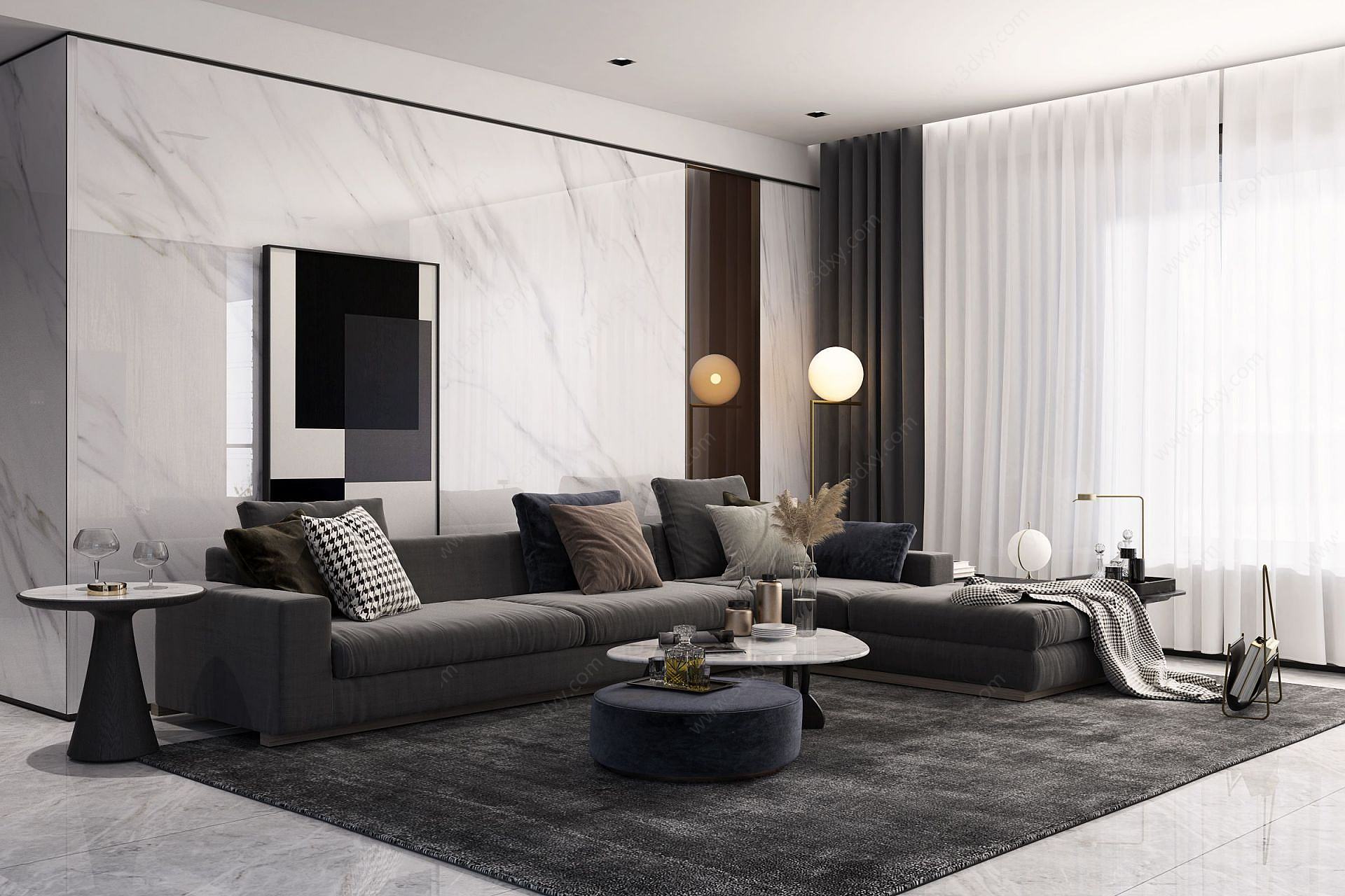 现代客厅沙发茶几边几组合3D模型