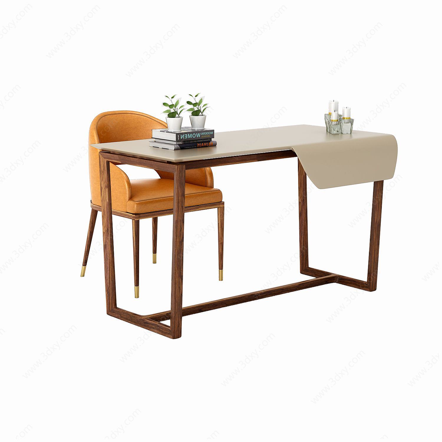 现代轻奢实木书桌椅饰品3D模型