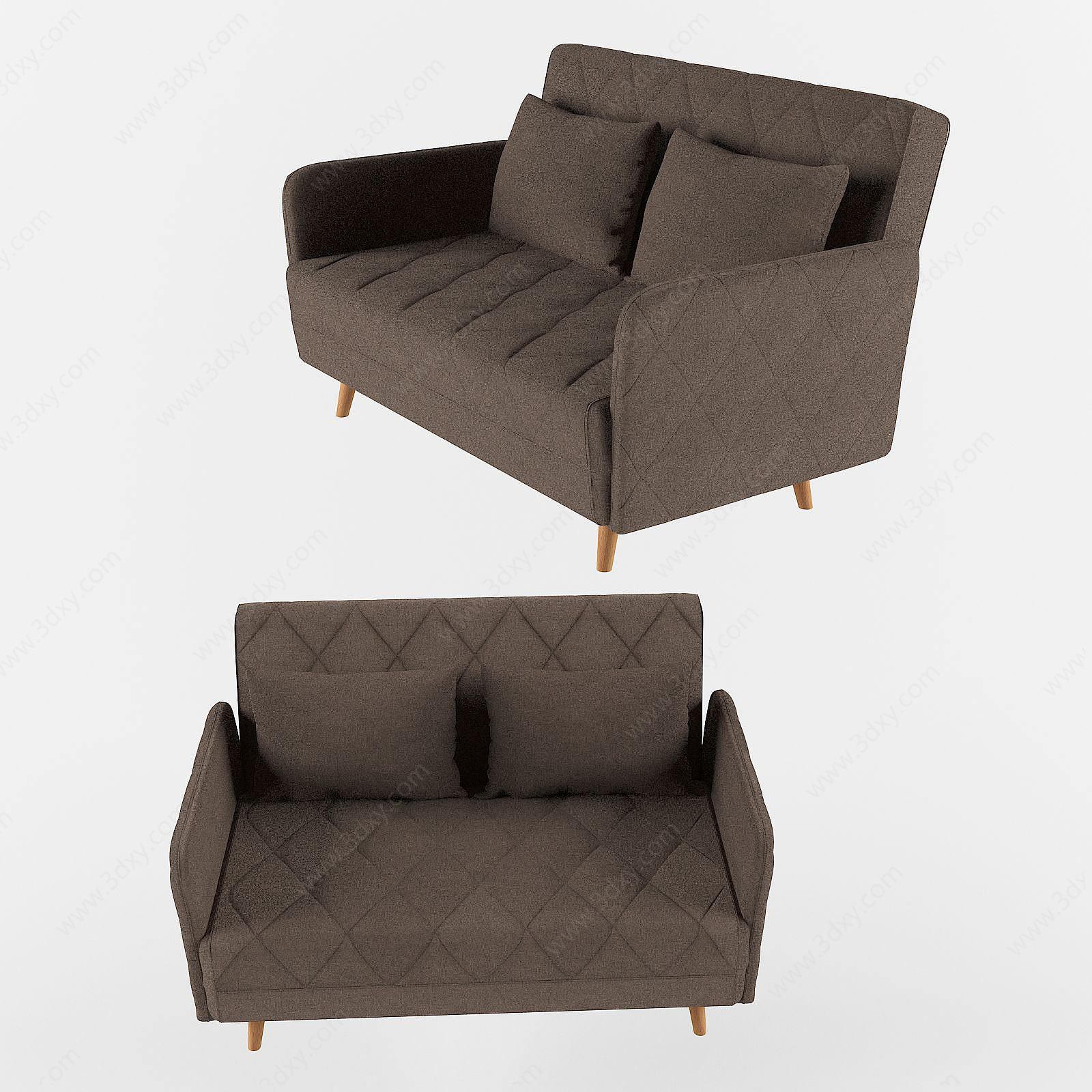 美式简约棉麻双人小沙发3D模型