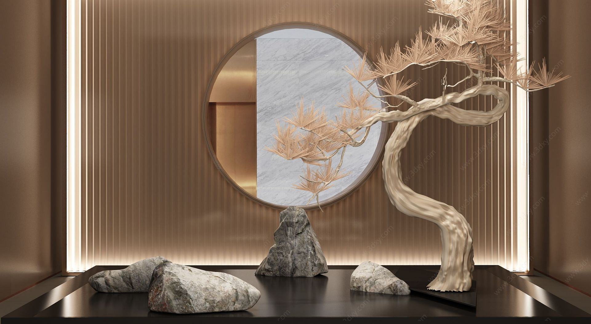 新中式枯树石头景观小品3D模型