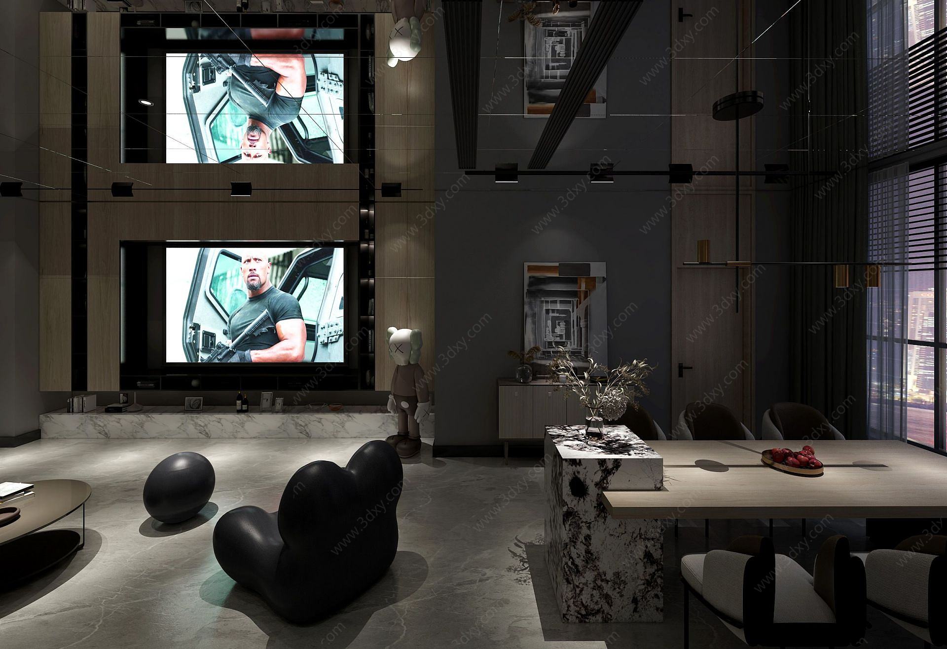 现代风格黑白灰客厅餐厅3D模型