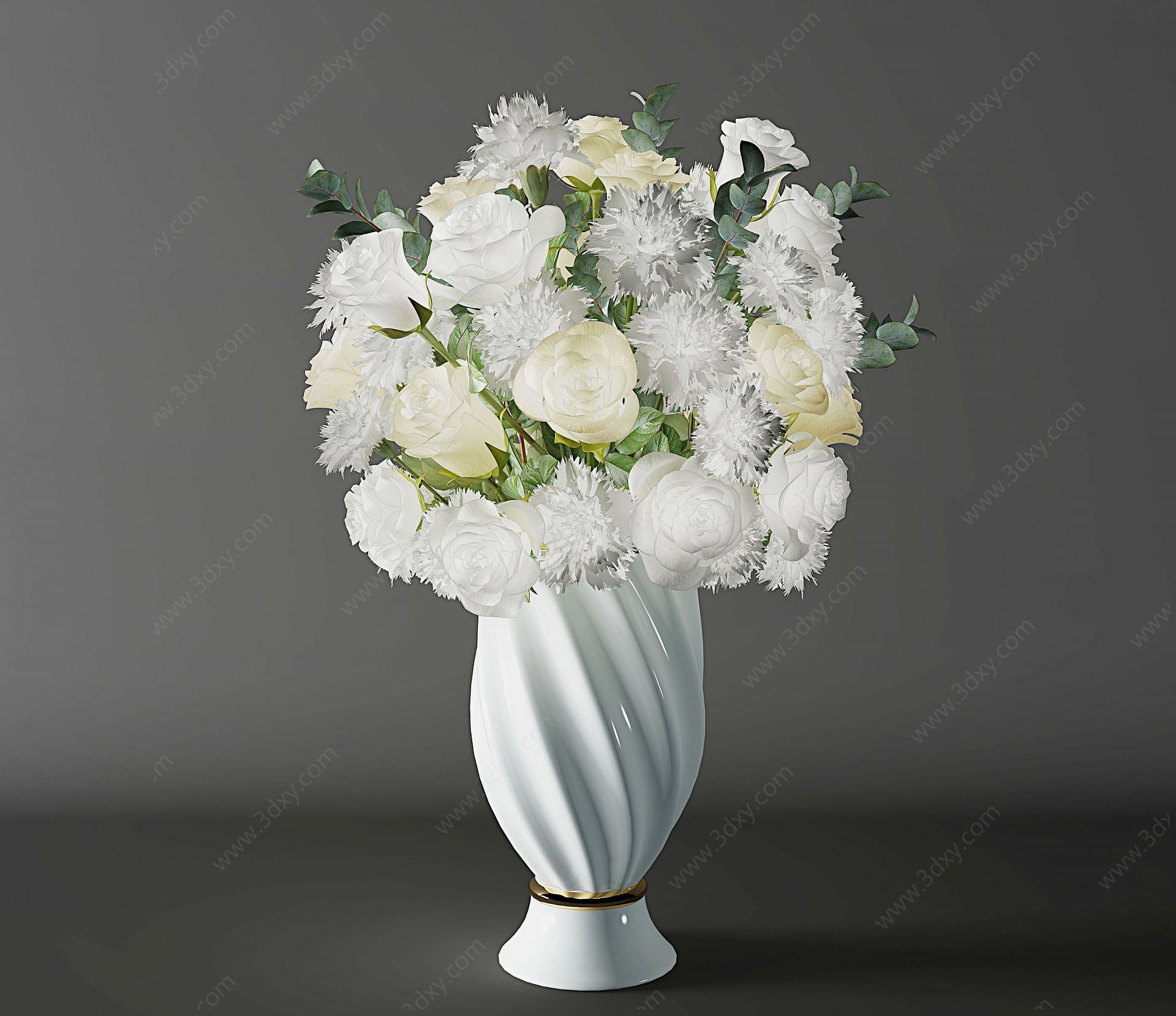 现代装饰植物白色花瓶3D模型