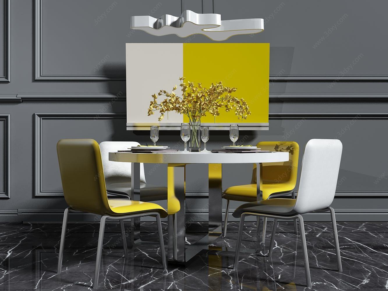 现代双色餐桌椅3D模型