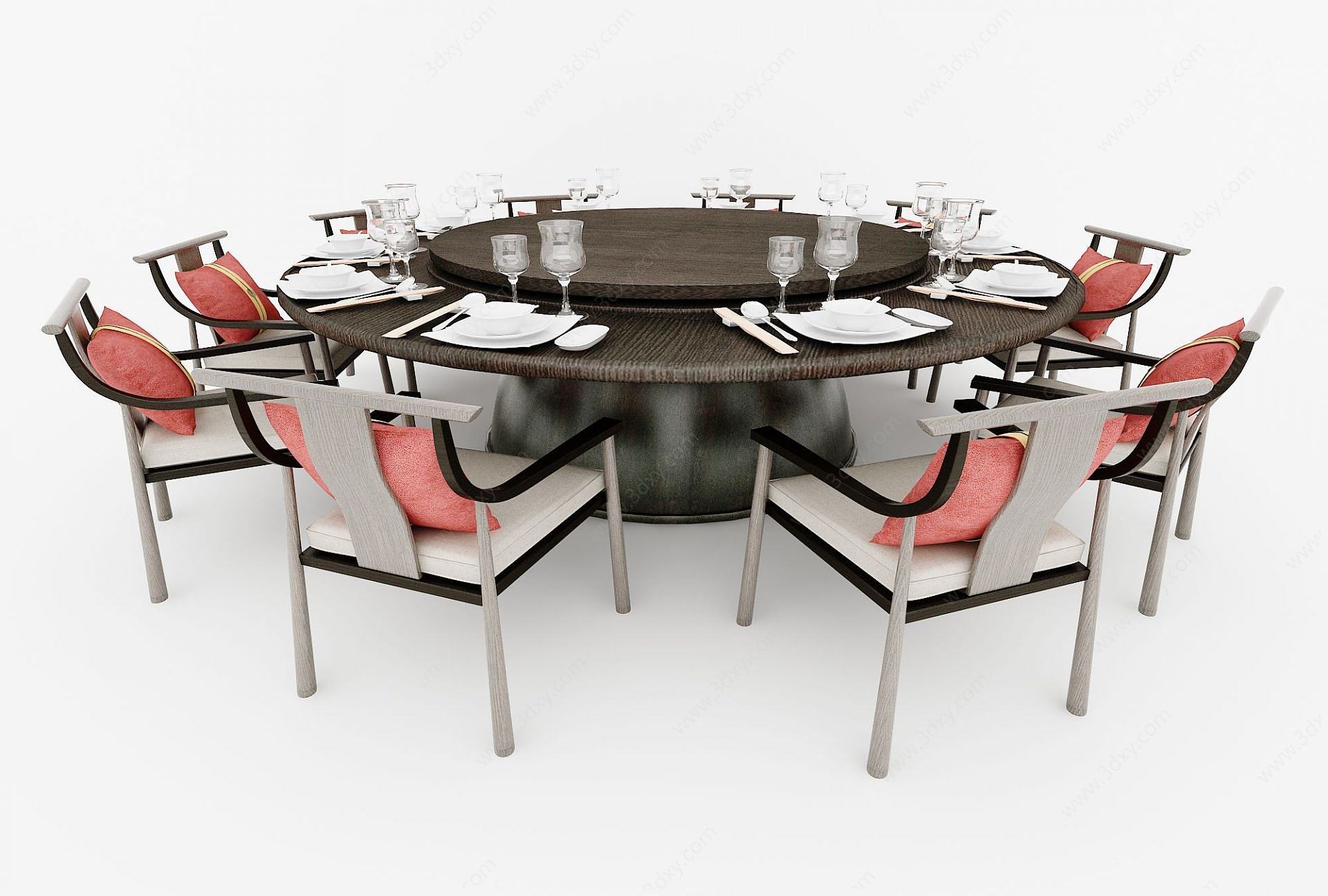 中式圆形餐桌椅3D模型