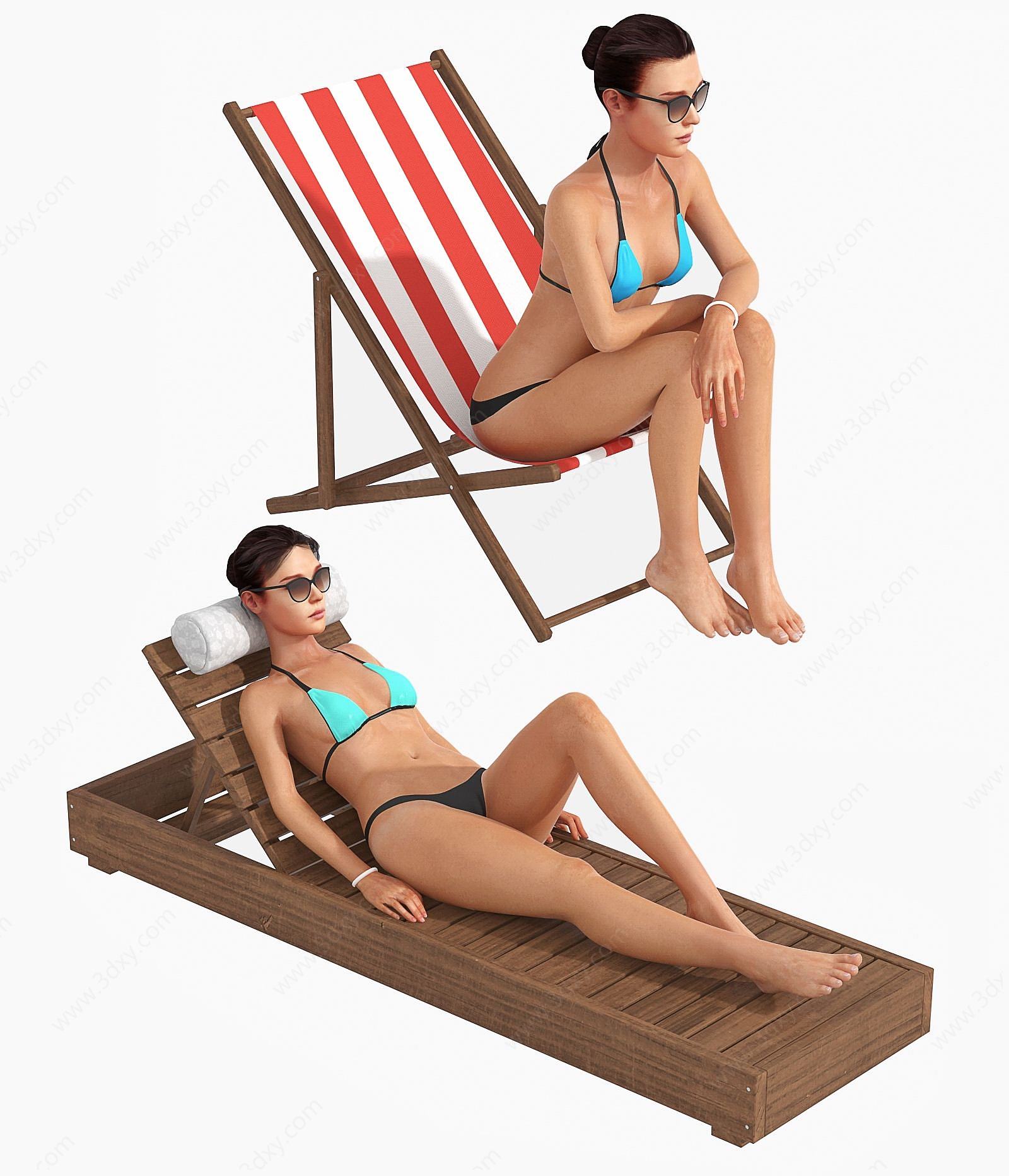 沙滩椅比基尼美女躺椅座椅3D模型