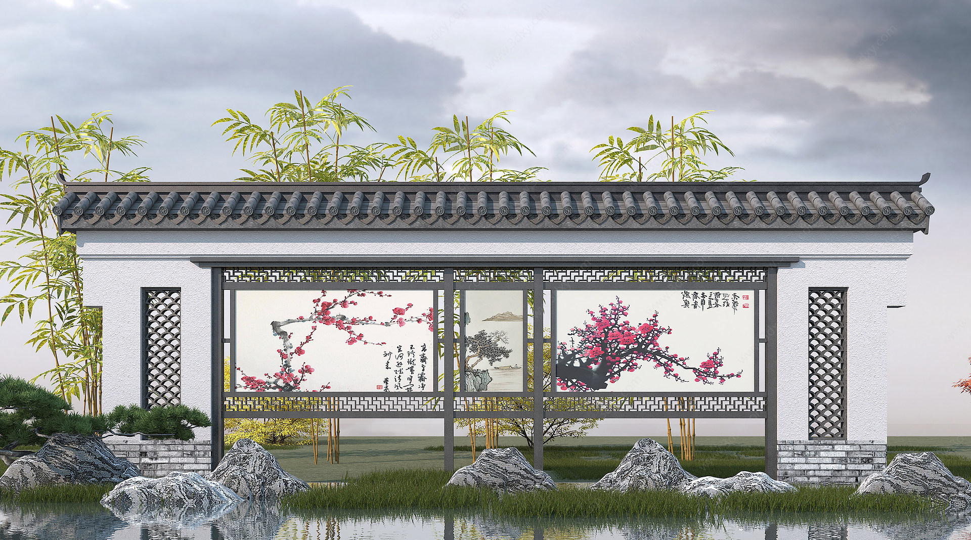 中式景墙宣传栏3D模型