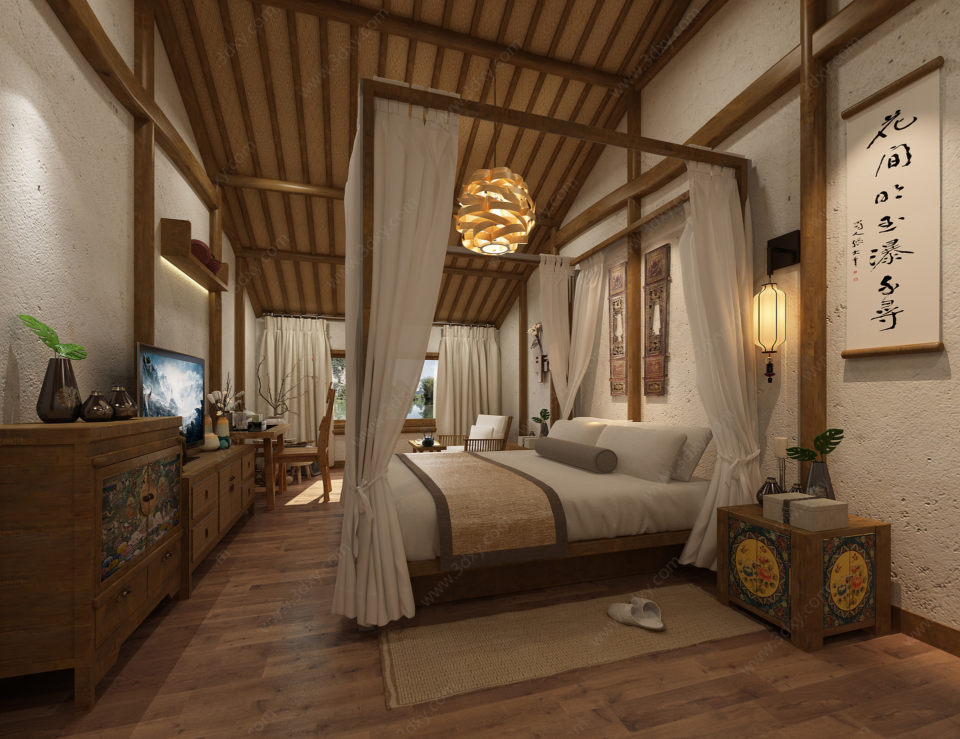 新中式民宿卧室3D模型