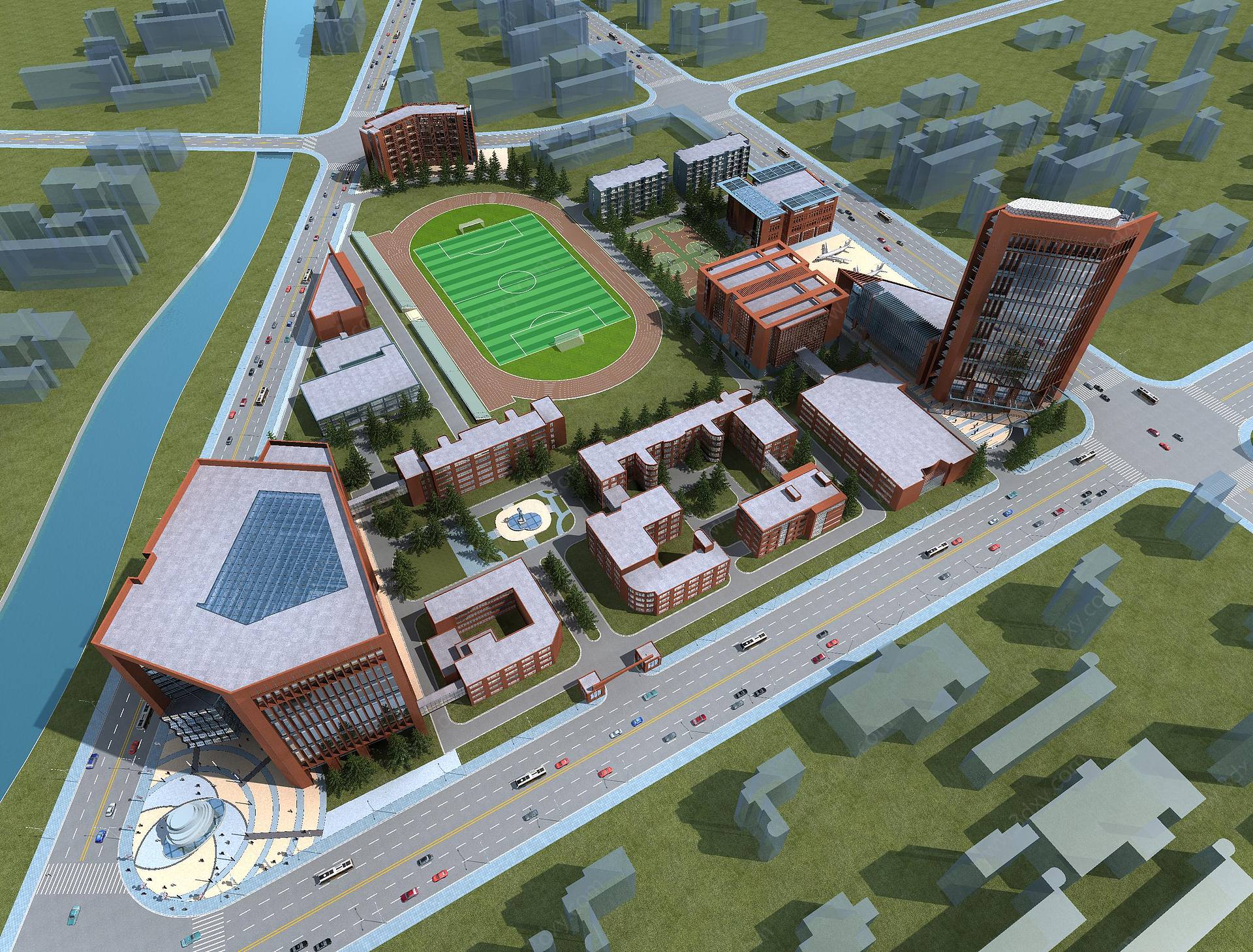 大学学校校园鸟瞰3D模型