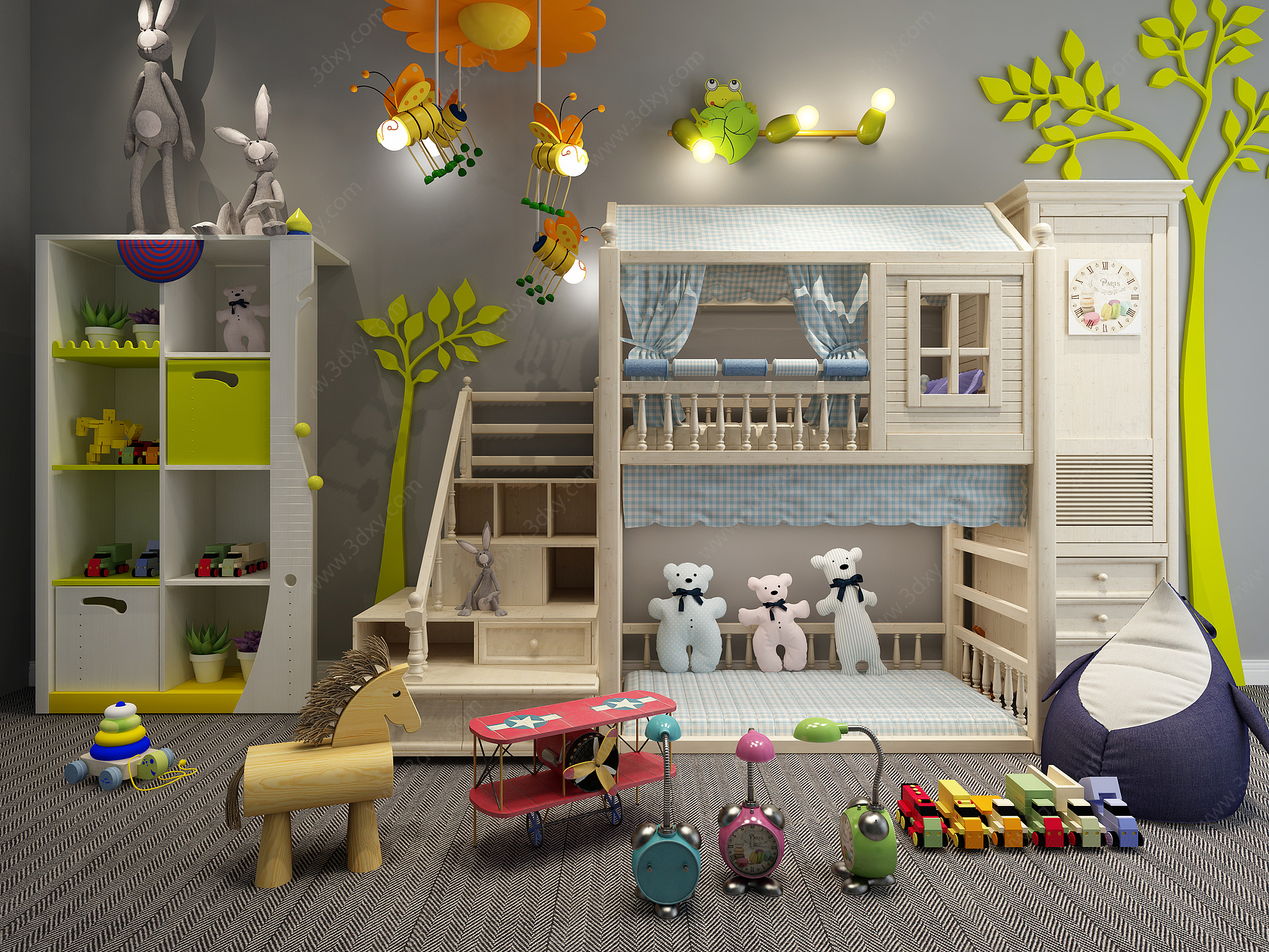 现代儿童房双层床玩具组合3D模型