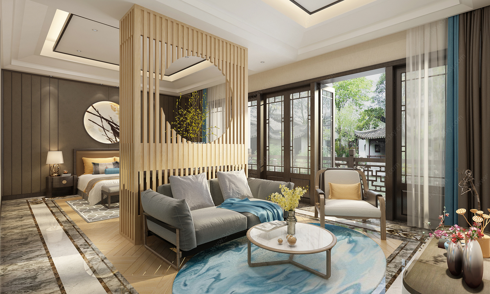 中式风格开放客厅卧室3D模型