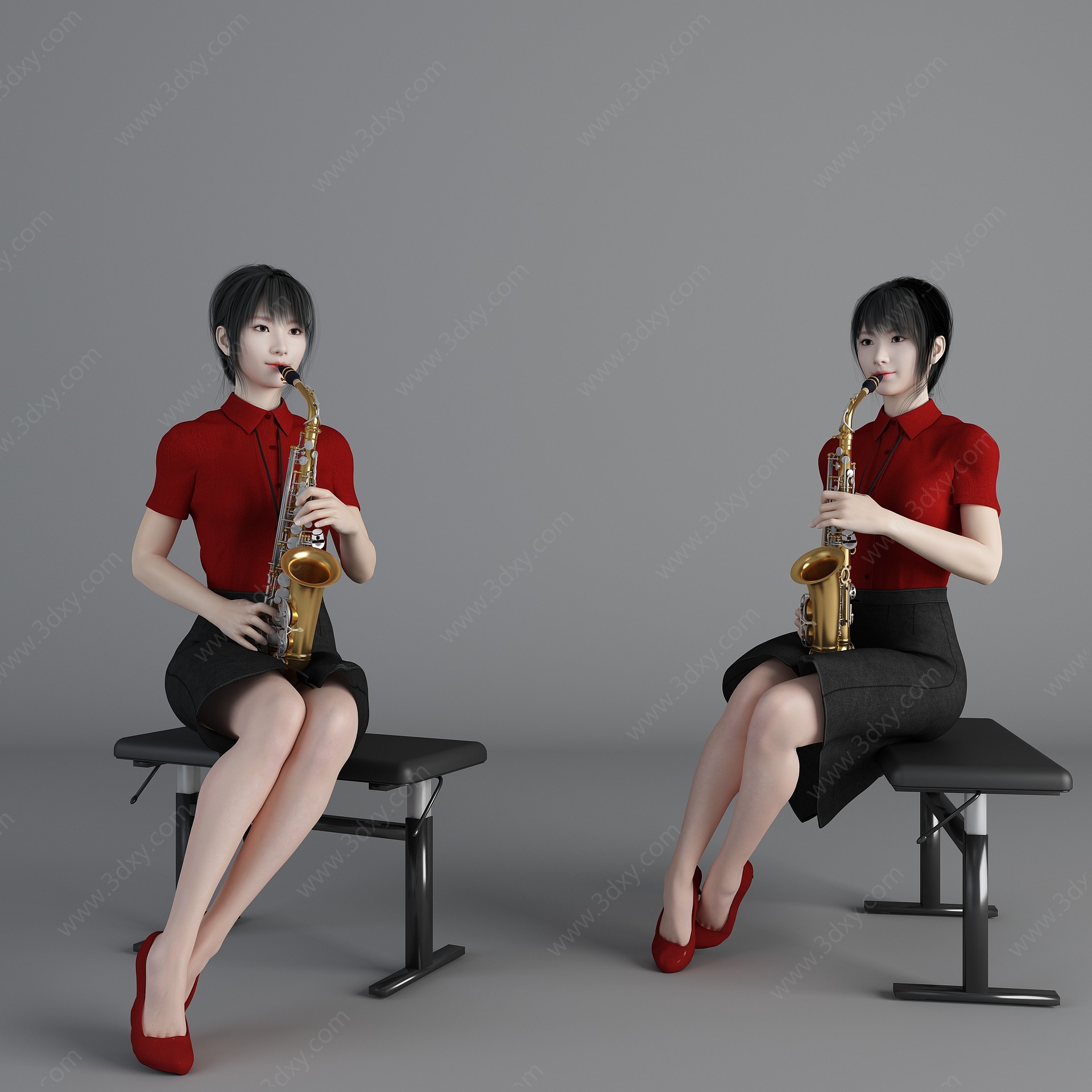 现代风格吹萨克斯美女人物3D模型