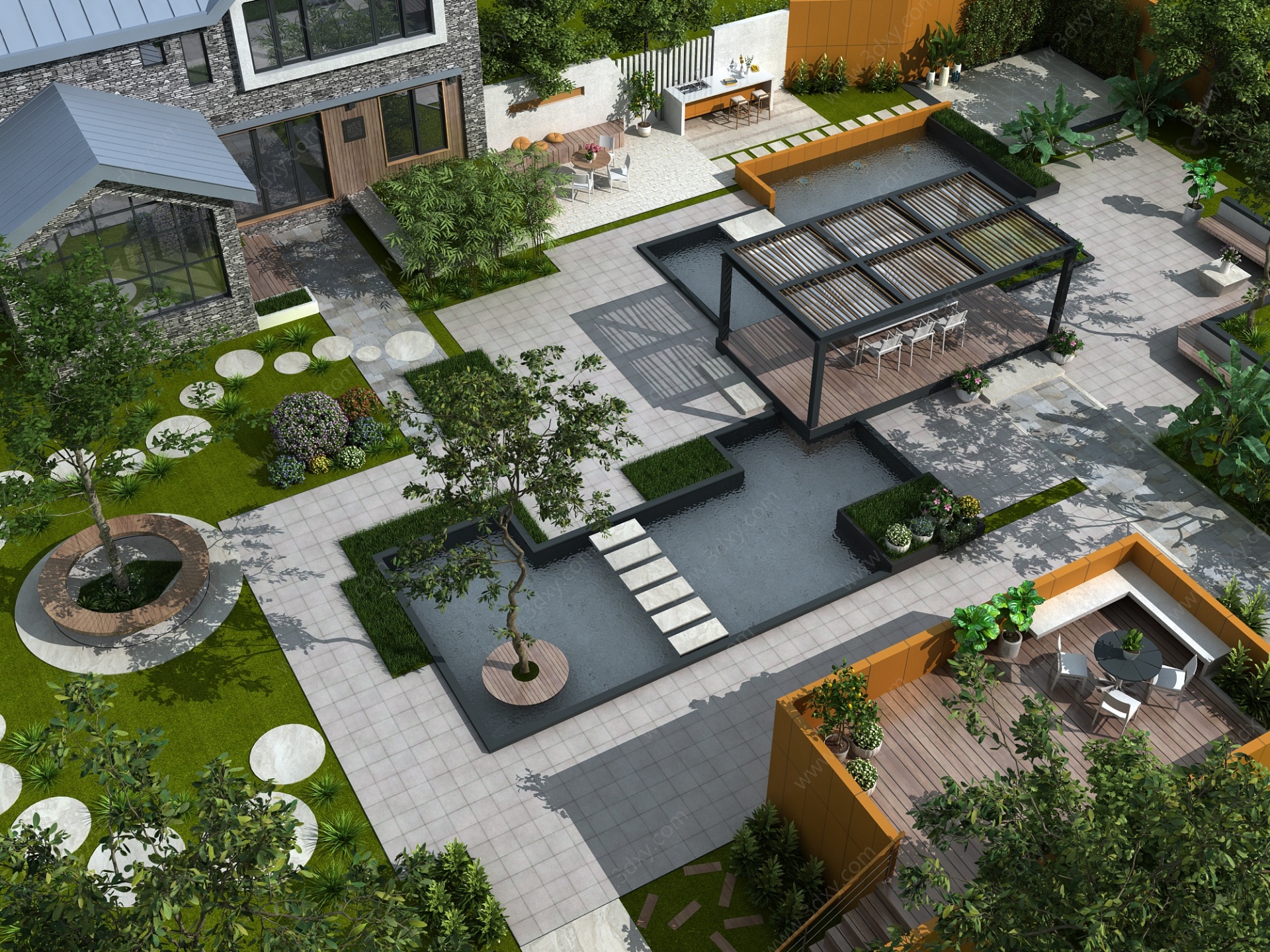 现代庭院花园鸟瞰3D模型