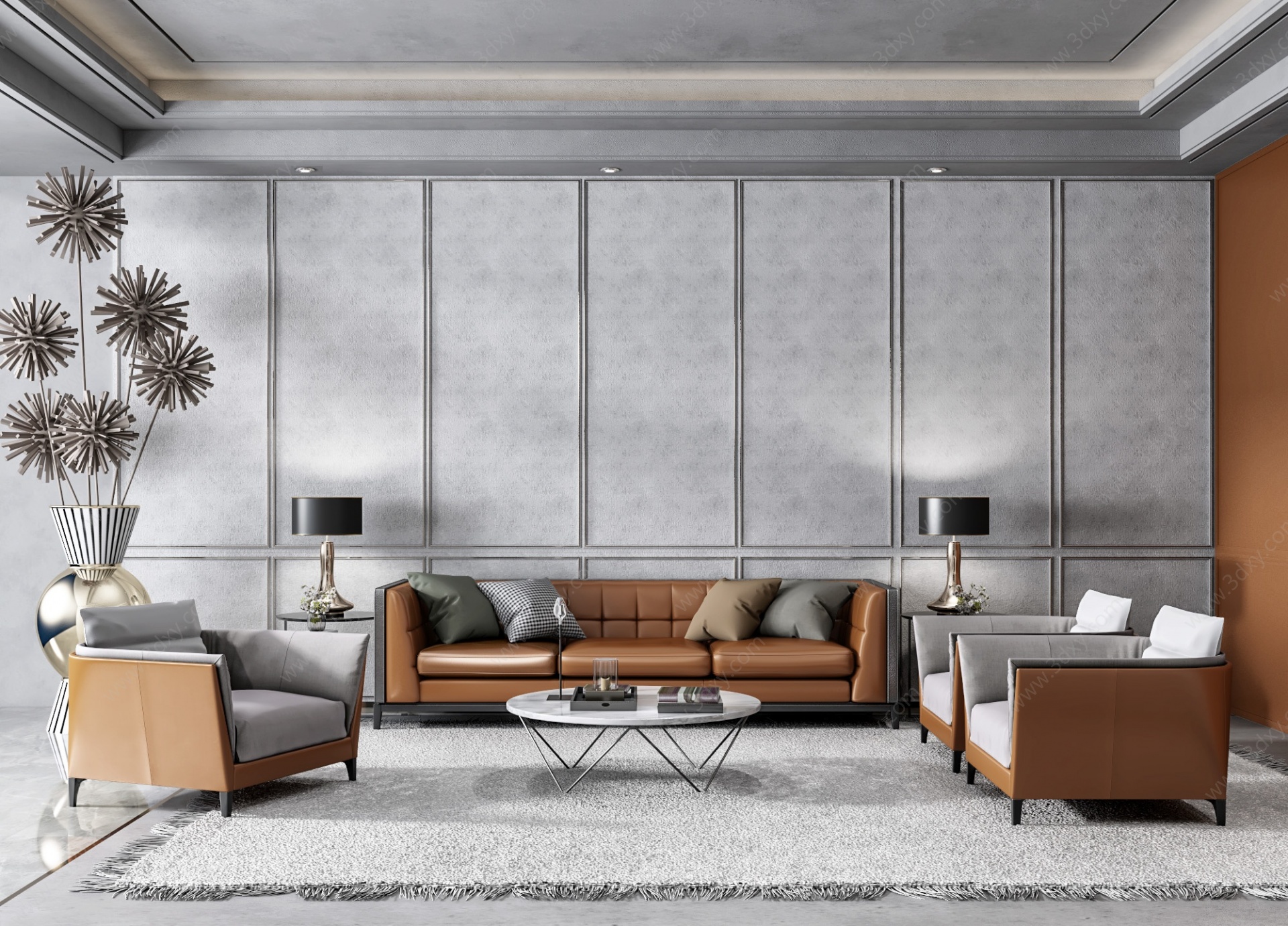 现代客厅皮革沙发茶几3D模型