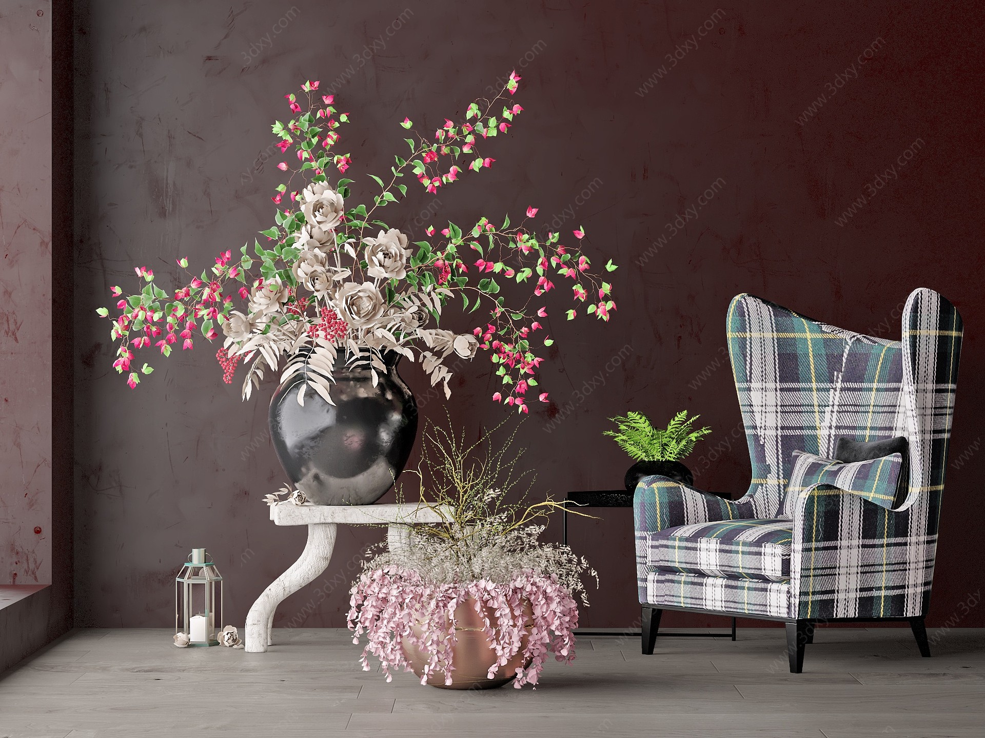 美式单椅盆栽花卉组合3D模型