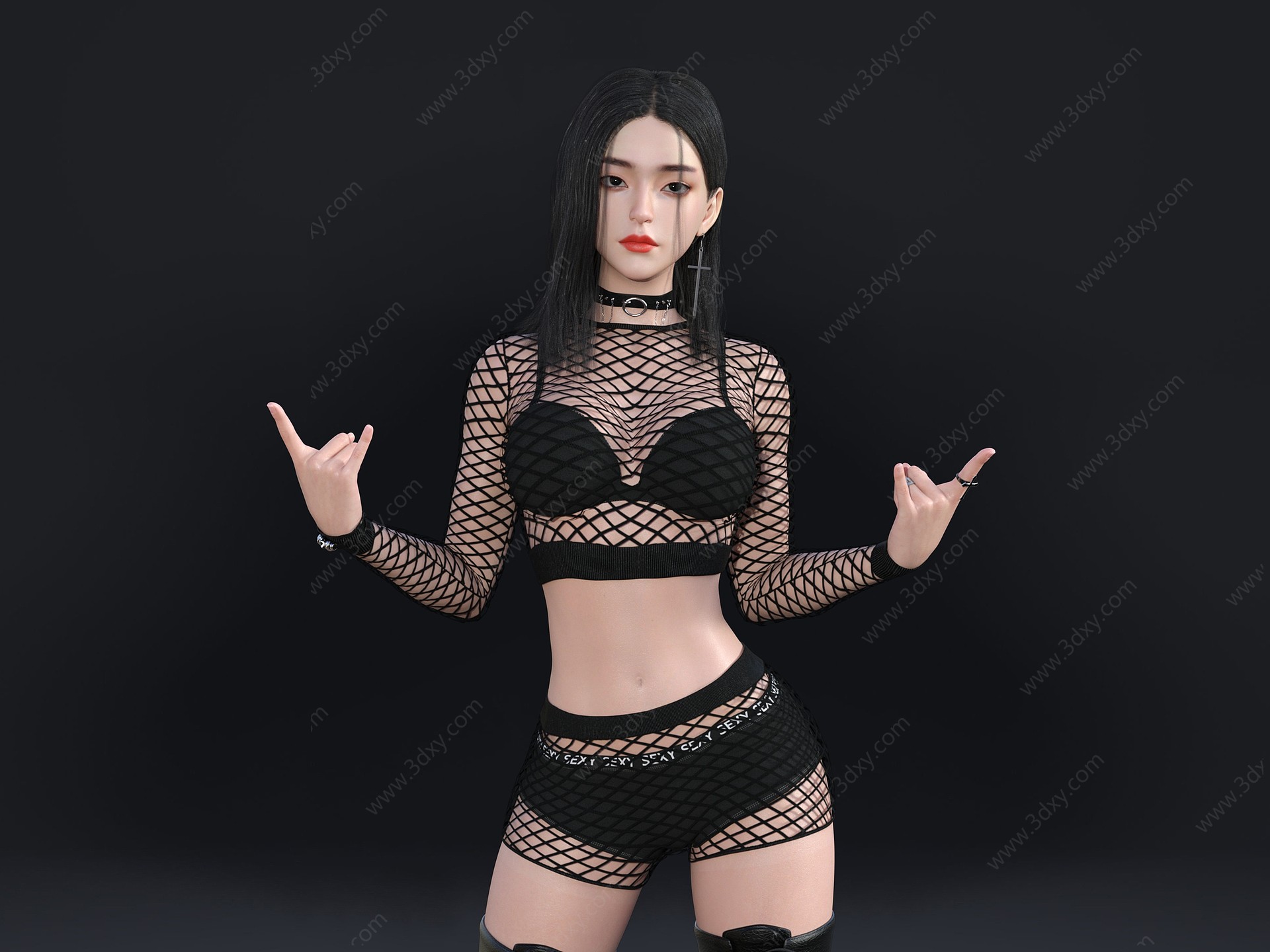 朋克风美女黑衣网衣DJ少女3D模型