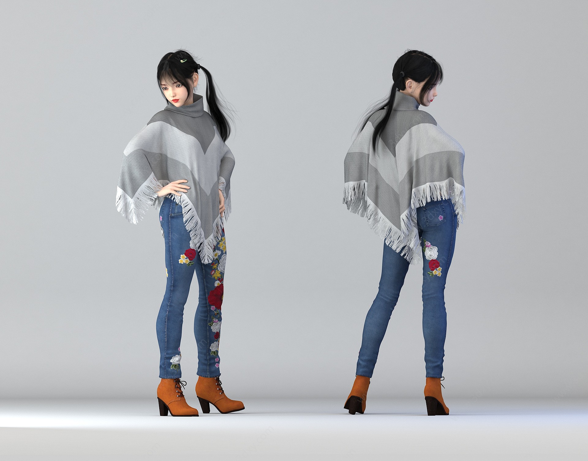 围衣牛仔裤美女3D模型
