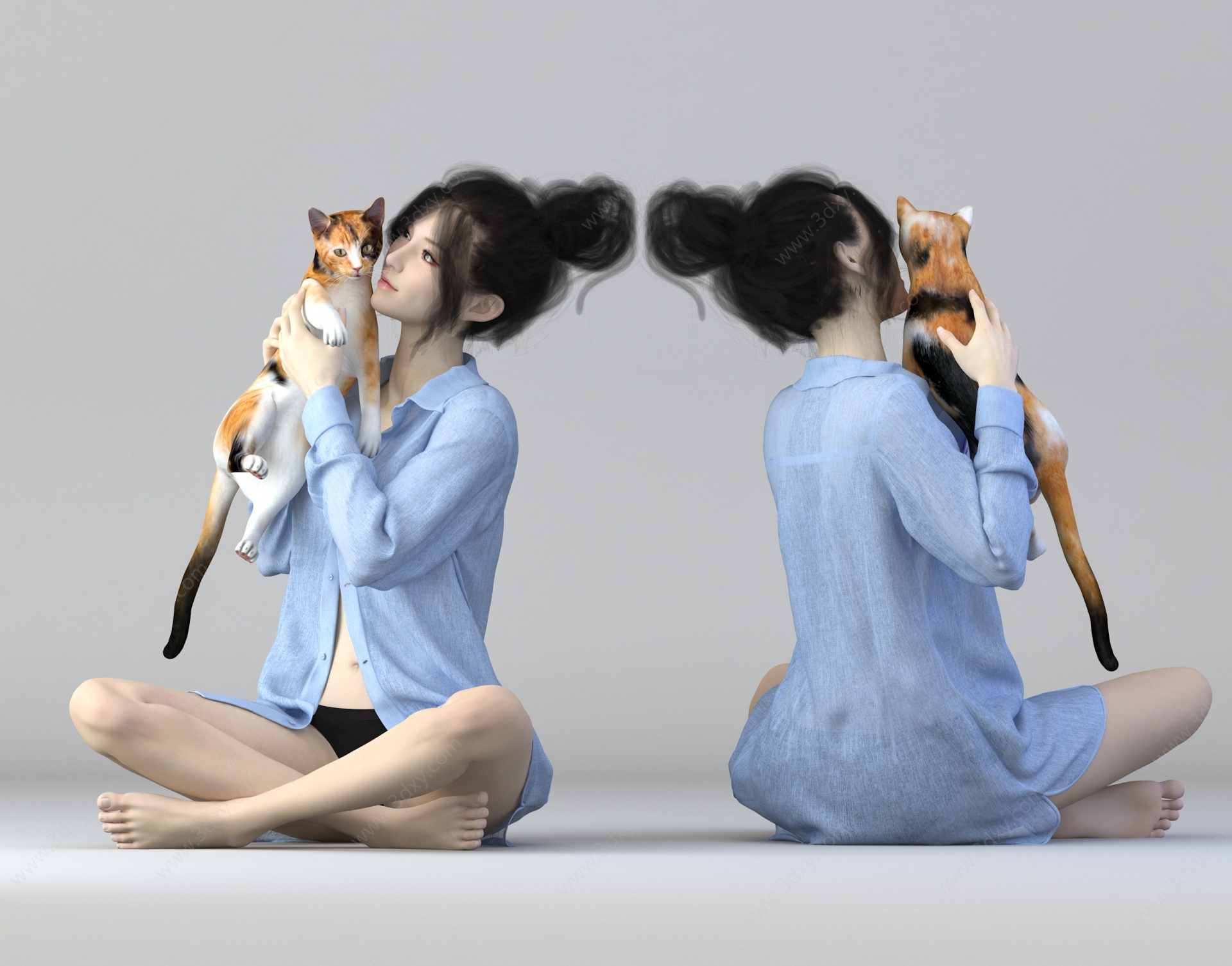 抱猫的美女人物3D模型