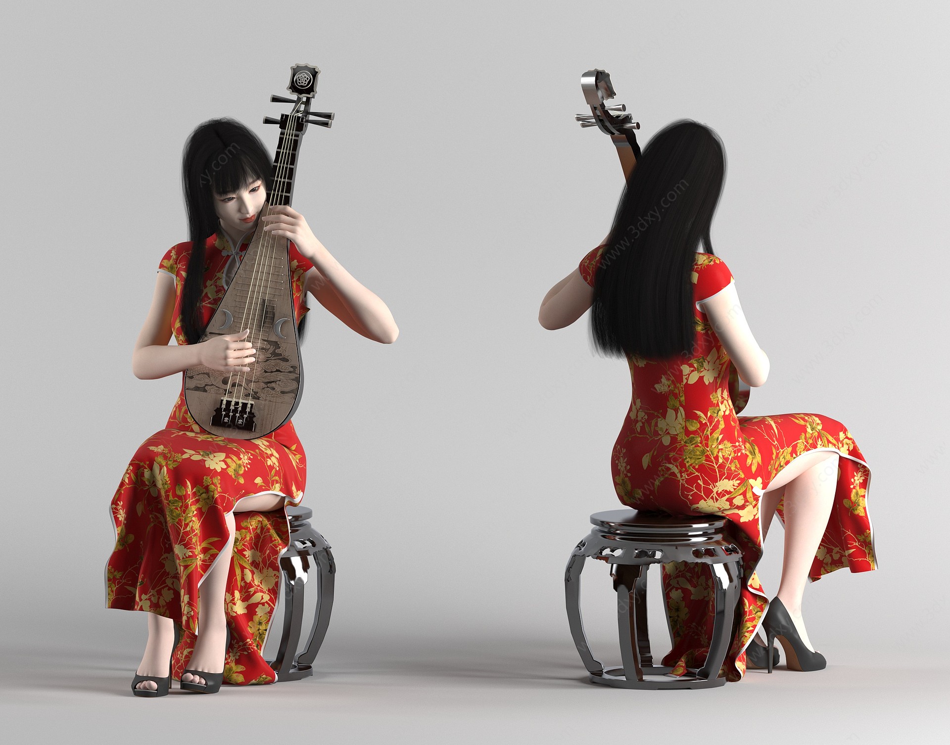 弹奏琵琶的美女模特3D模型