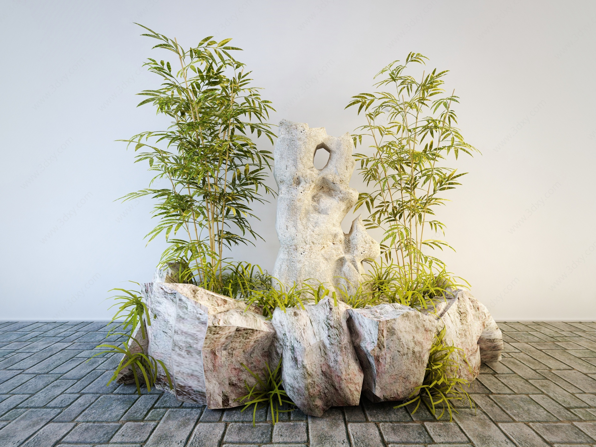 中式假山石头竹子景观小品3D模型