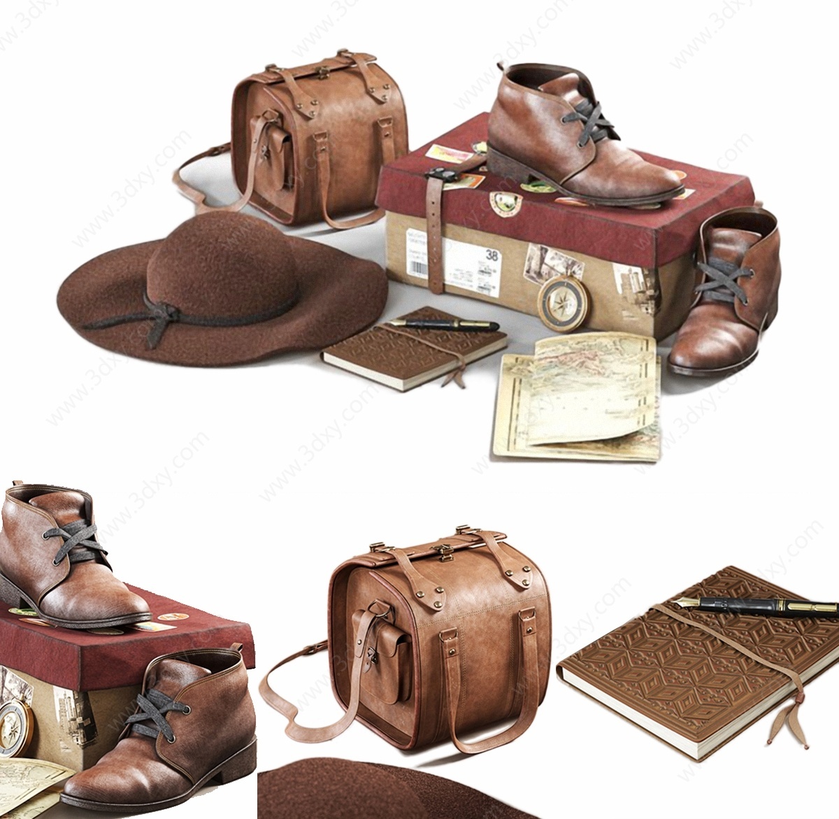 新古典复古皮鞋鞋盒皮包3D模型