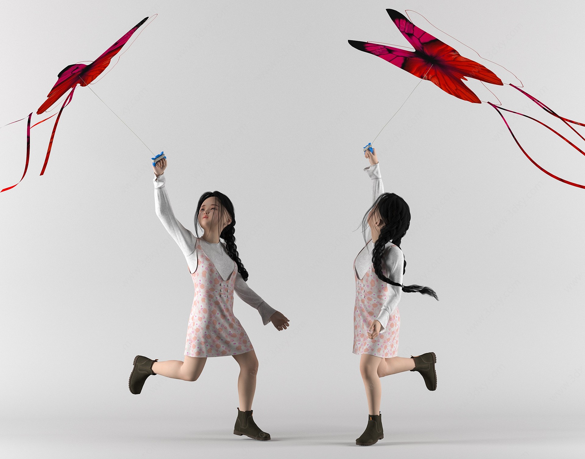 小女孩放风筝3D模型