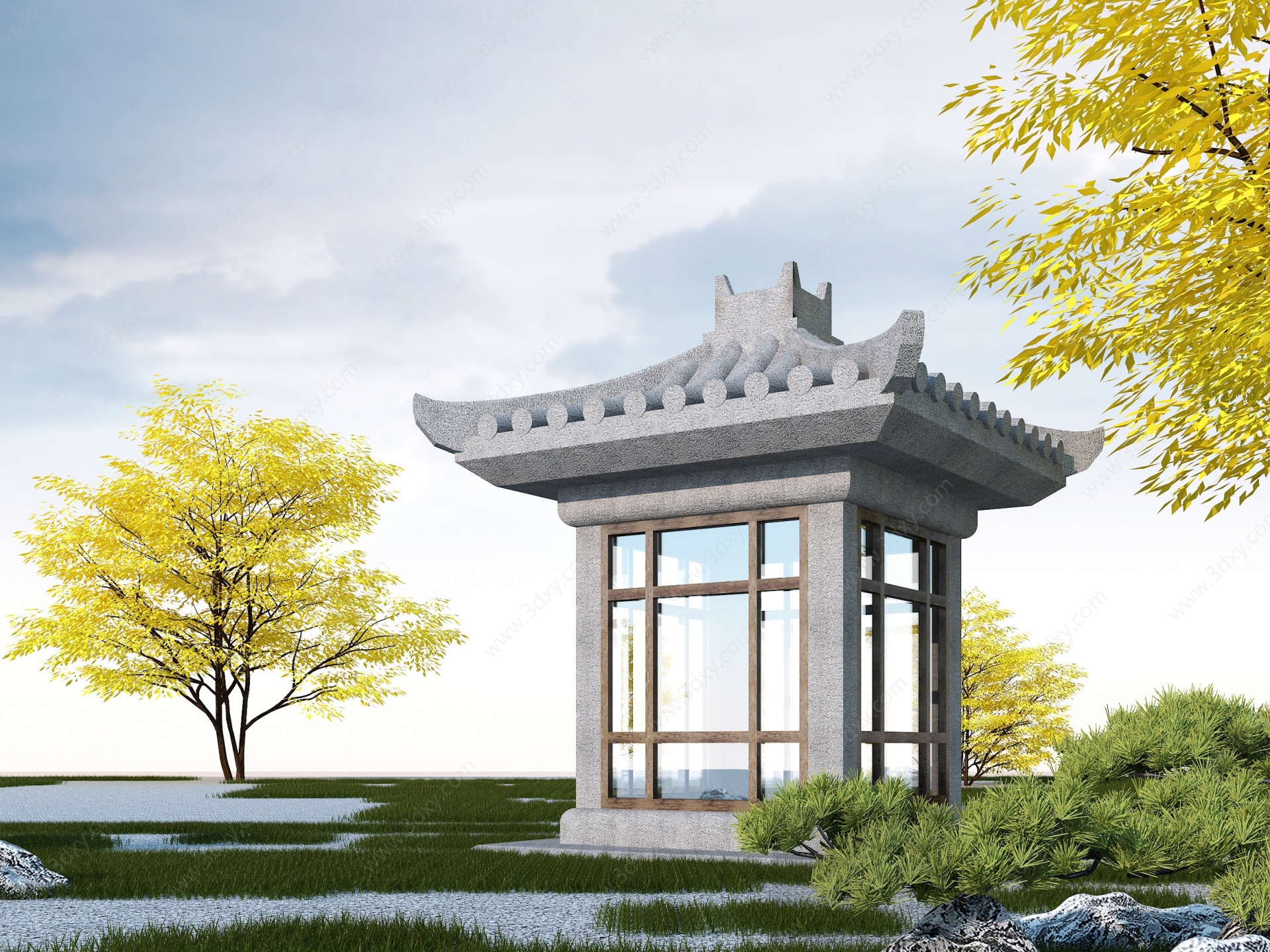 中式石雕亭子3D模型