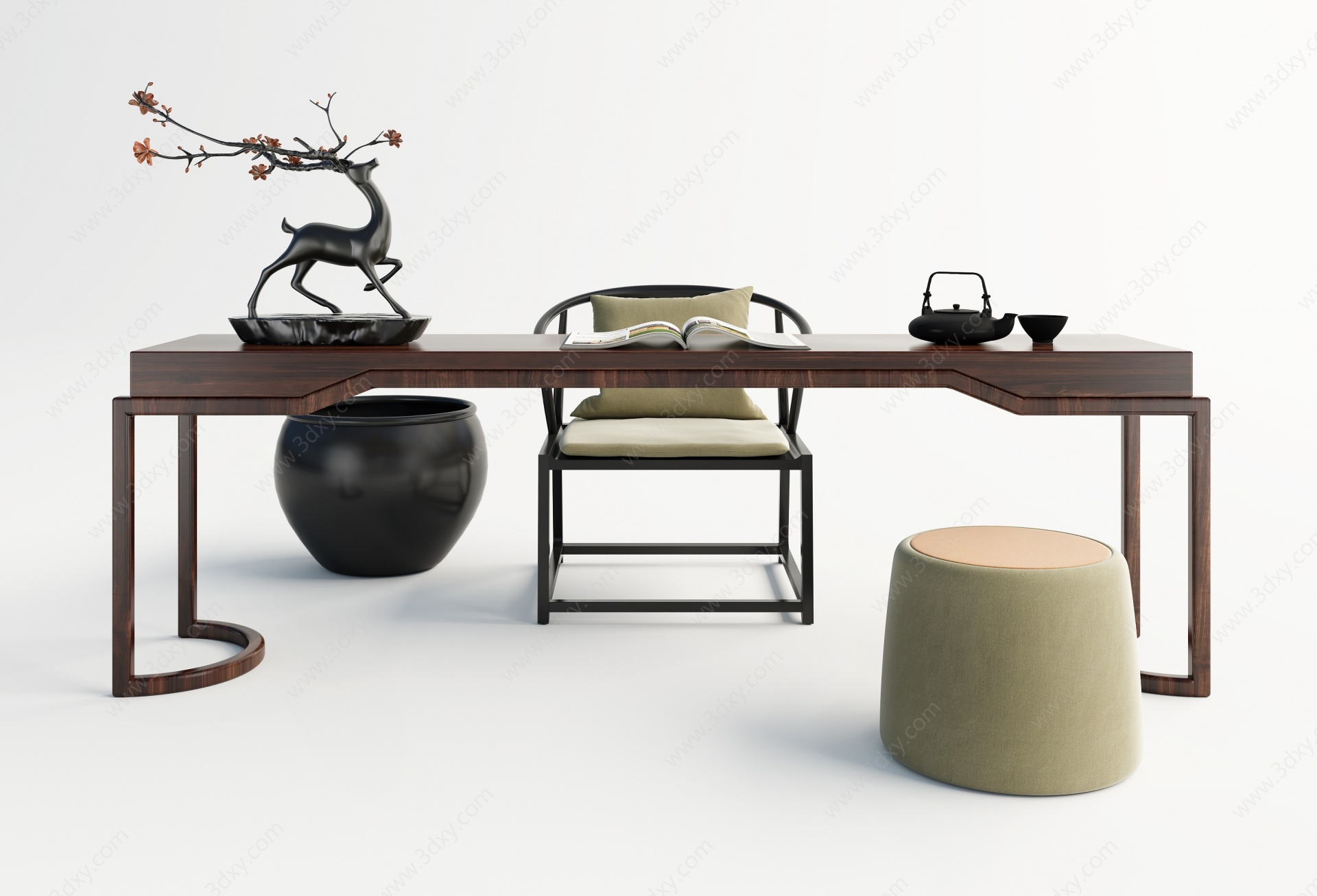 中式茶桌组合3D模型