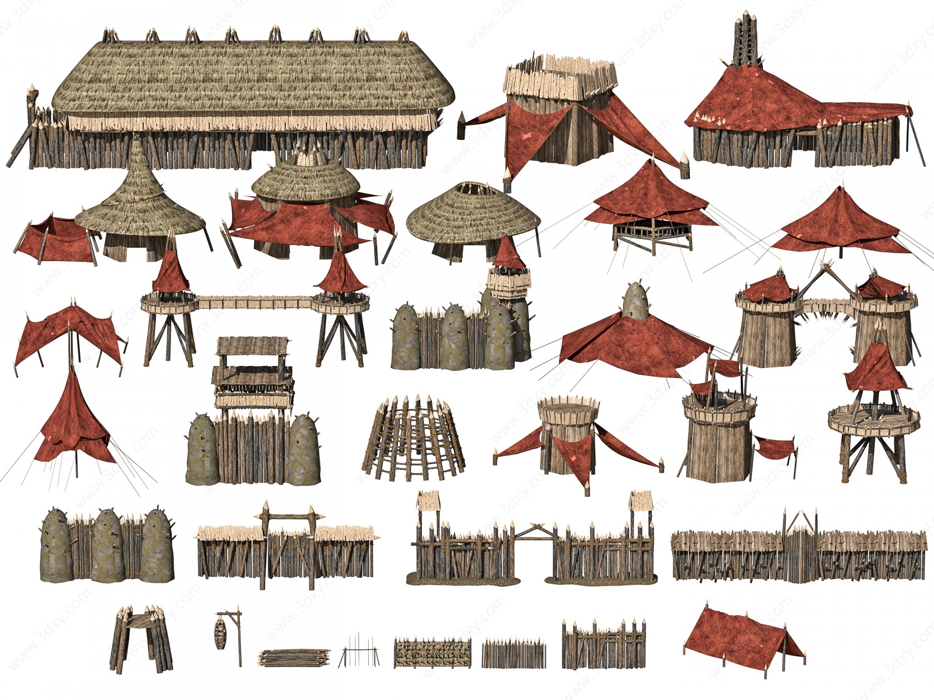 古代原始村落茅草屋房子3D模型