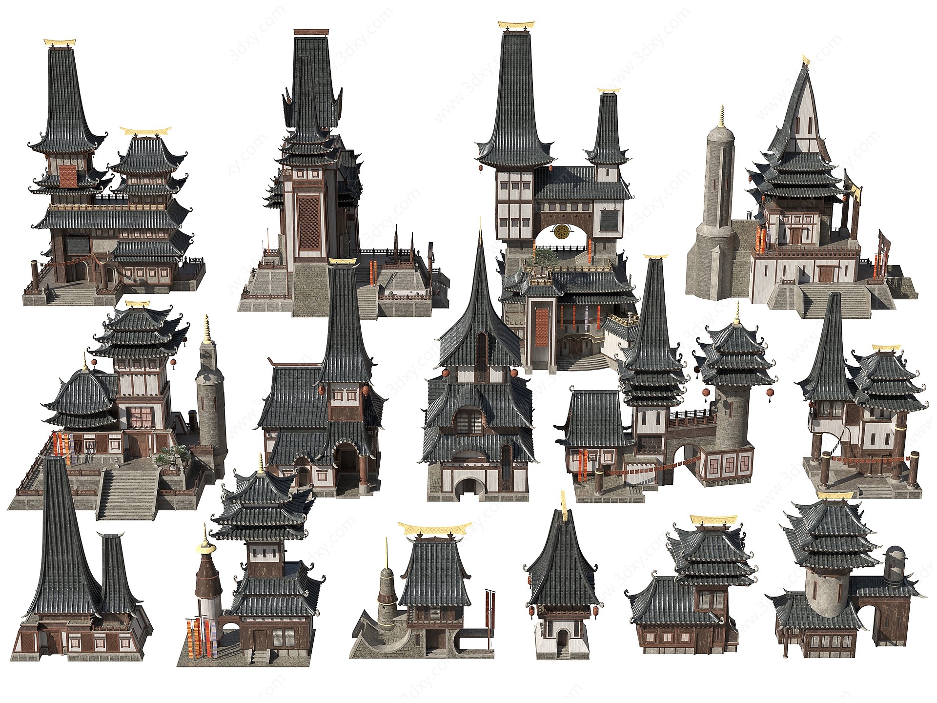 中式古建神庙建筑楼房3D模型